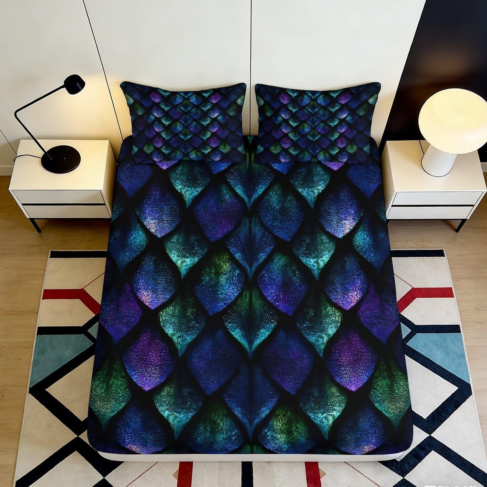 3D Printed Iridescent Dragon Scale Fitted Sheet Microfiber Soft Mattress Cover for Bedroom Dorm Decorative Protection 90x200x25cm