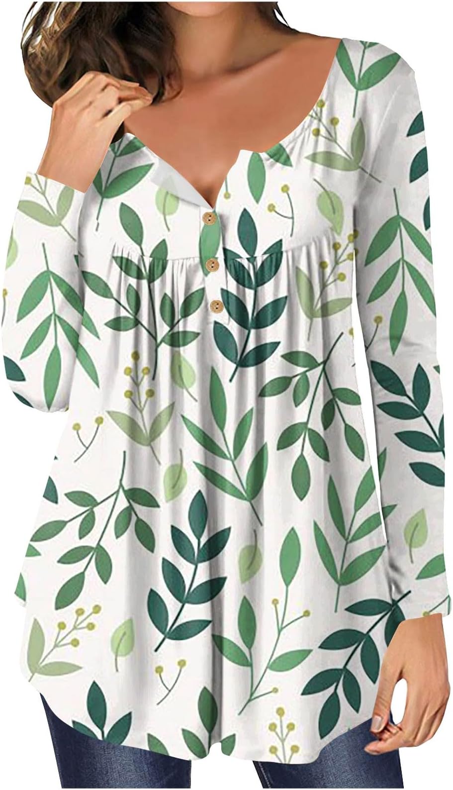 Women's Casual Long Sleeve Henley V-Neck Loose Fit Pleated Tunic Shirt Blouse Tops
