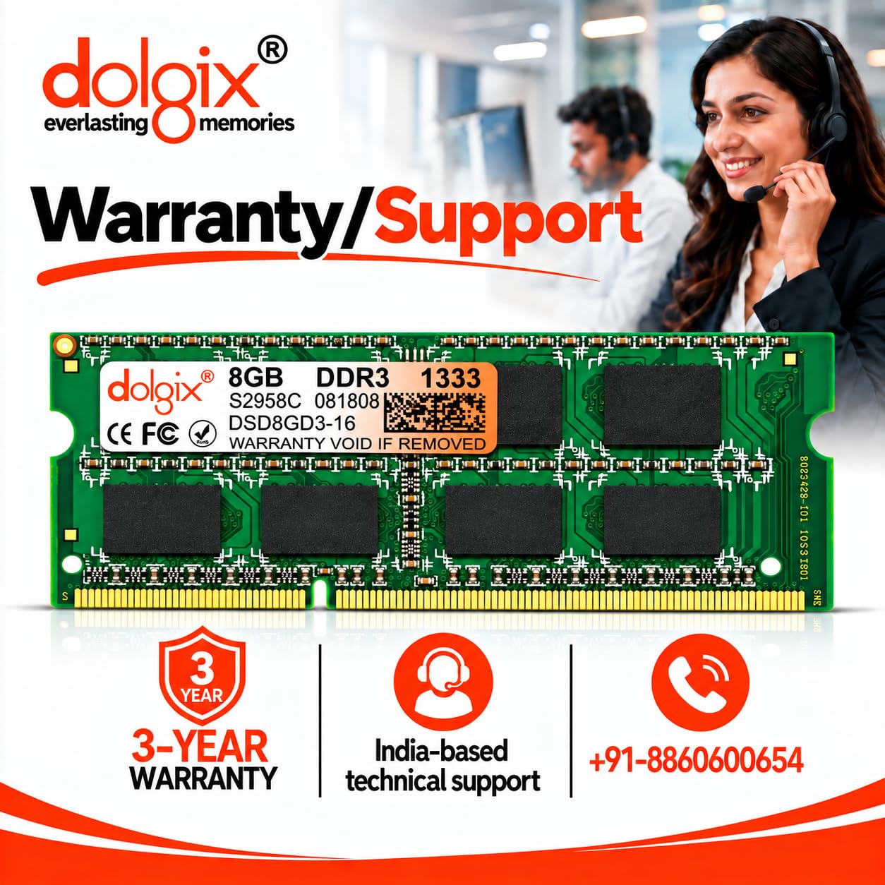 DOLGIX 8GB DDR3 PC3-10600 1333MHz SODIMM 1.5V CL9 2Rx8 Dual Rank