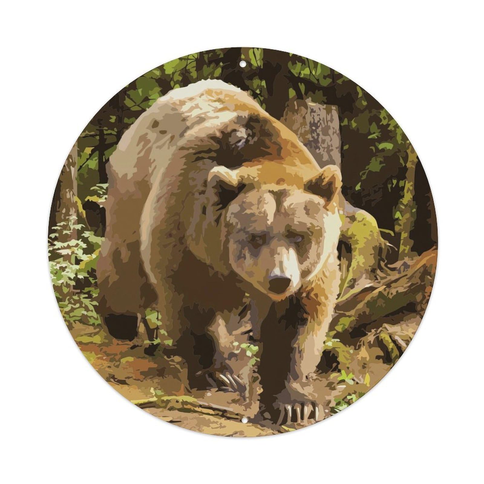 Animal Artwork Grizzly Bear in The Forest Vintage Metal Tin Sign Plaque Wall Decor for Cafe, Club Bar, Office, Garden Metal Poster 8x8Inch