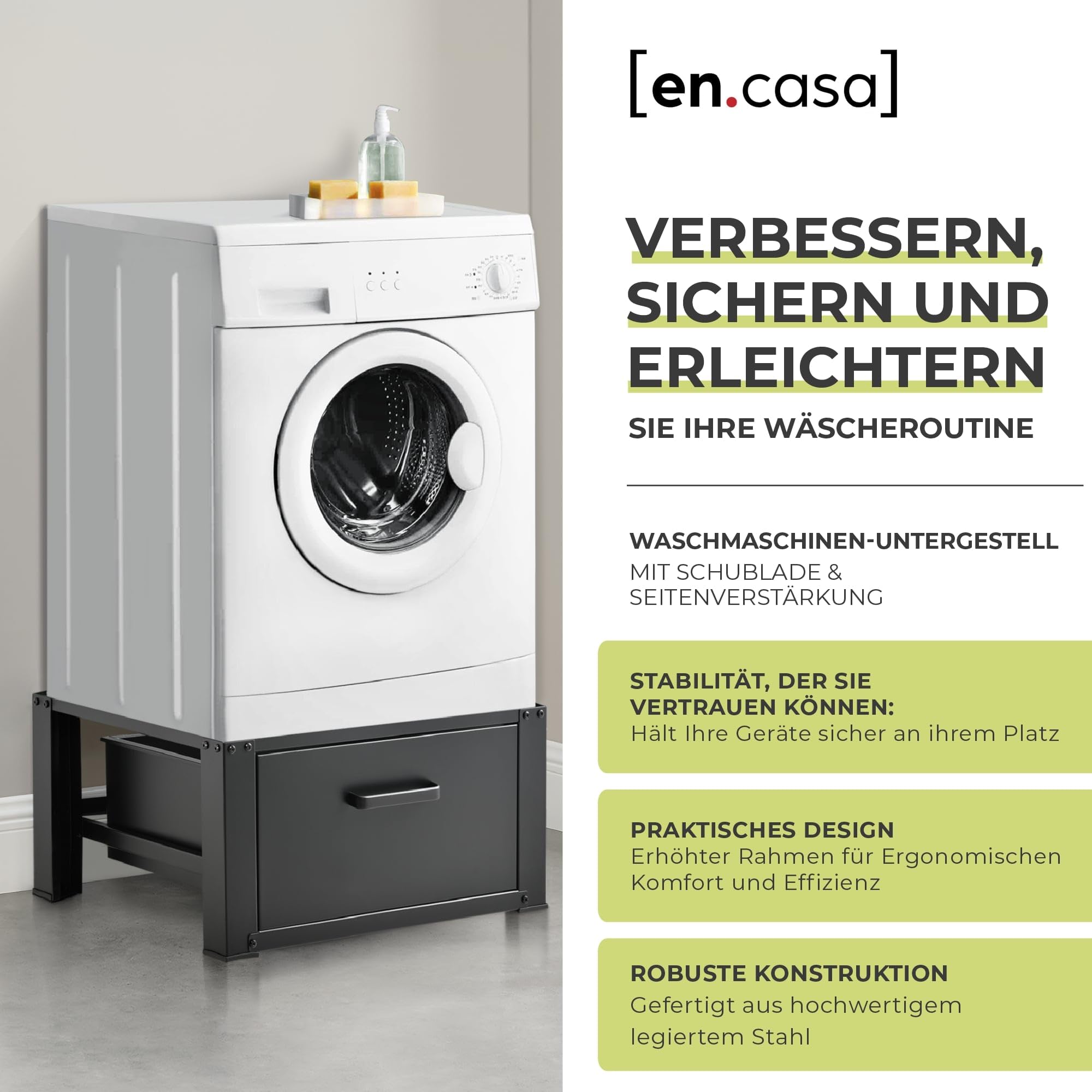 [en.casa] Waschmaschinen Untergestell Comfortixx mit Schublade Waschmaschinen-Unterschrank 63 x 54 x 31 cm Podest bis 150 kg gummierte Füße Stahl Schwarz