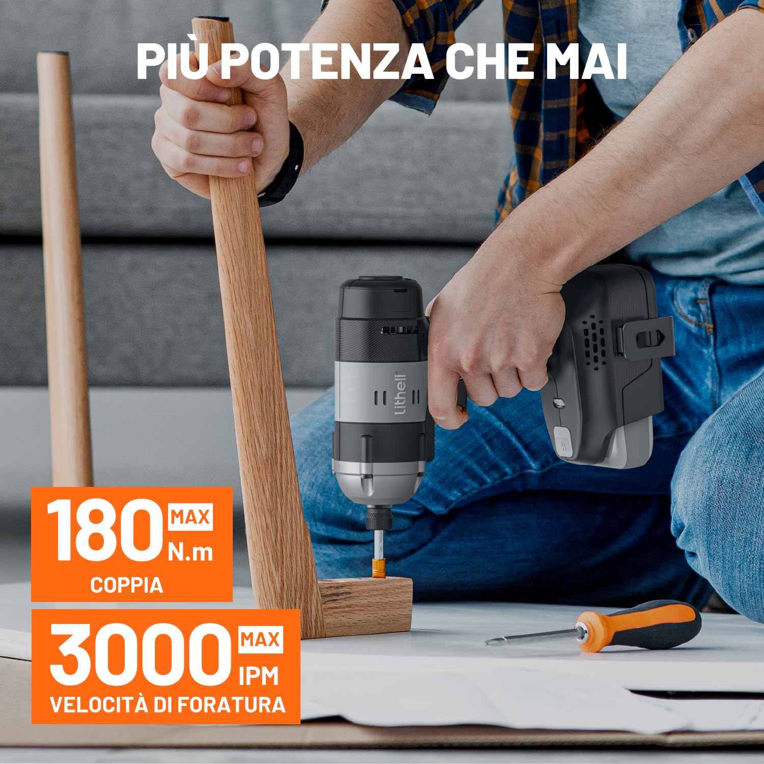 Litheli Trapano avvitatore a percussione, 1/4", attacco esagonale a batteria, con batteria da 20 V, 2,0 Ah, 180 Nm, 3000IPM, incluso LED, clip per cintura e 21 accessori