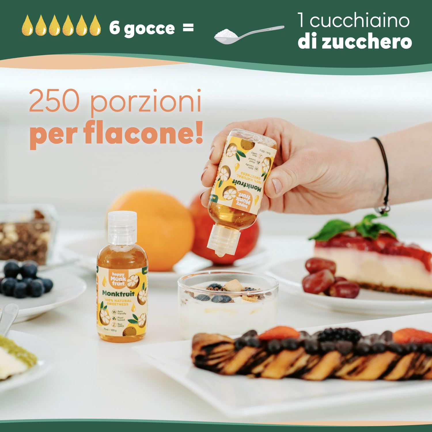 Frutto del Monaco Dolcificante 75ml Gocce, 250 Porzioni, 15x Più Dolce dello Zucchero - Monk Fruit Puro Senza Eritritolo - Sostituto dello Zucchero Naturale, Keto, Vegano | Happy Monkfruit®