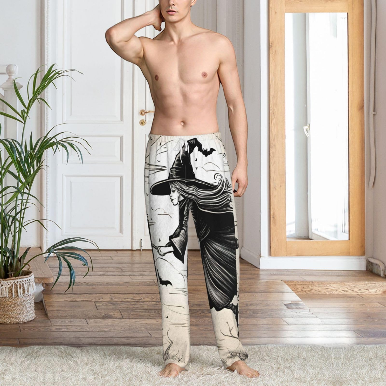 Pantalones de pijama de Halloween con estampado de bruja voladora para hombre, pantalones de pijama de forro polar, pijamas a cuadros con bolsillos