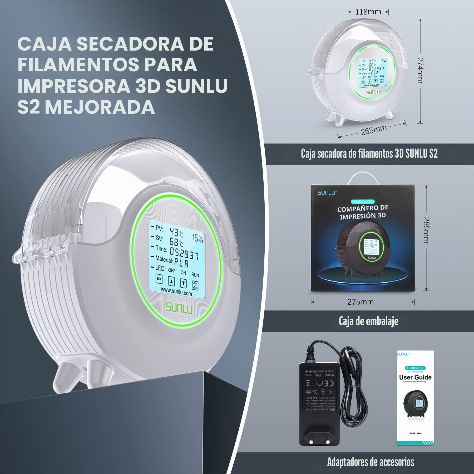 SUNLU Caja de secador de filamentos para impresora 3D, mantiene los filamentos secos durante la impresión 3D, calefacción completa de 360°, gran pantalla táctil LCD, compatible con filamento de 1,75
