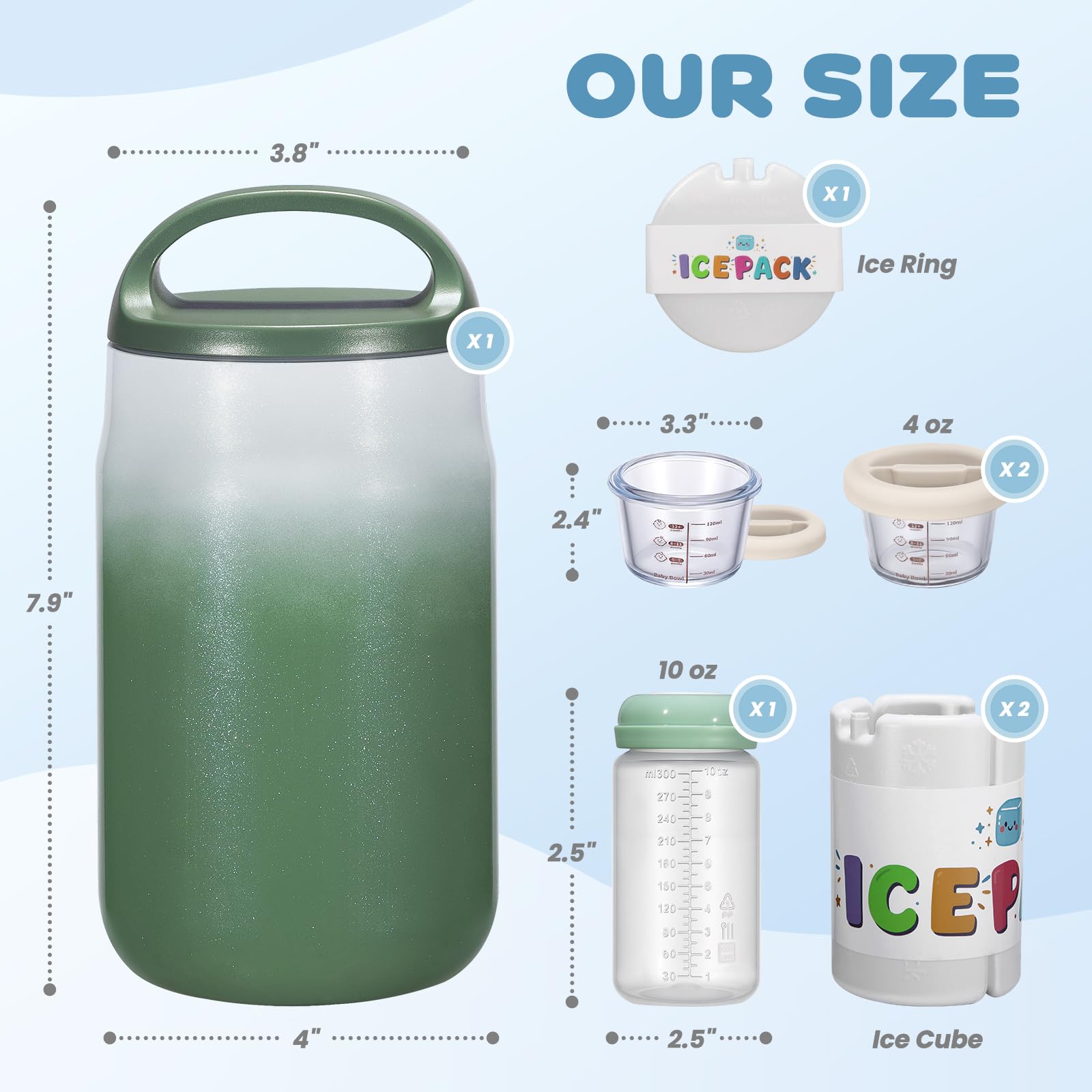 Enfriador Portátil Leche Materna 800ml, Refrigeración 360° 24h, Biberones 325ml sin BPA, 2 Recipientes Comida Bebé 120ml, Apto Lavavajillas, para Bebés Adultos Viaje Trabajo Exterior, Verde
