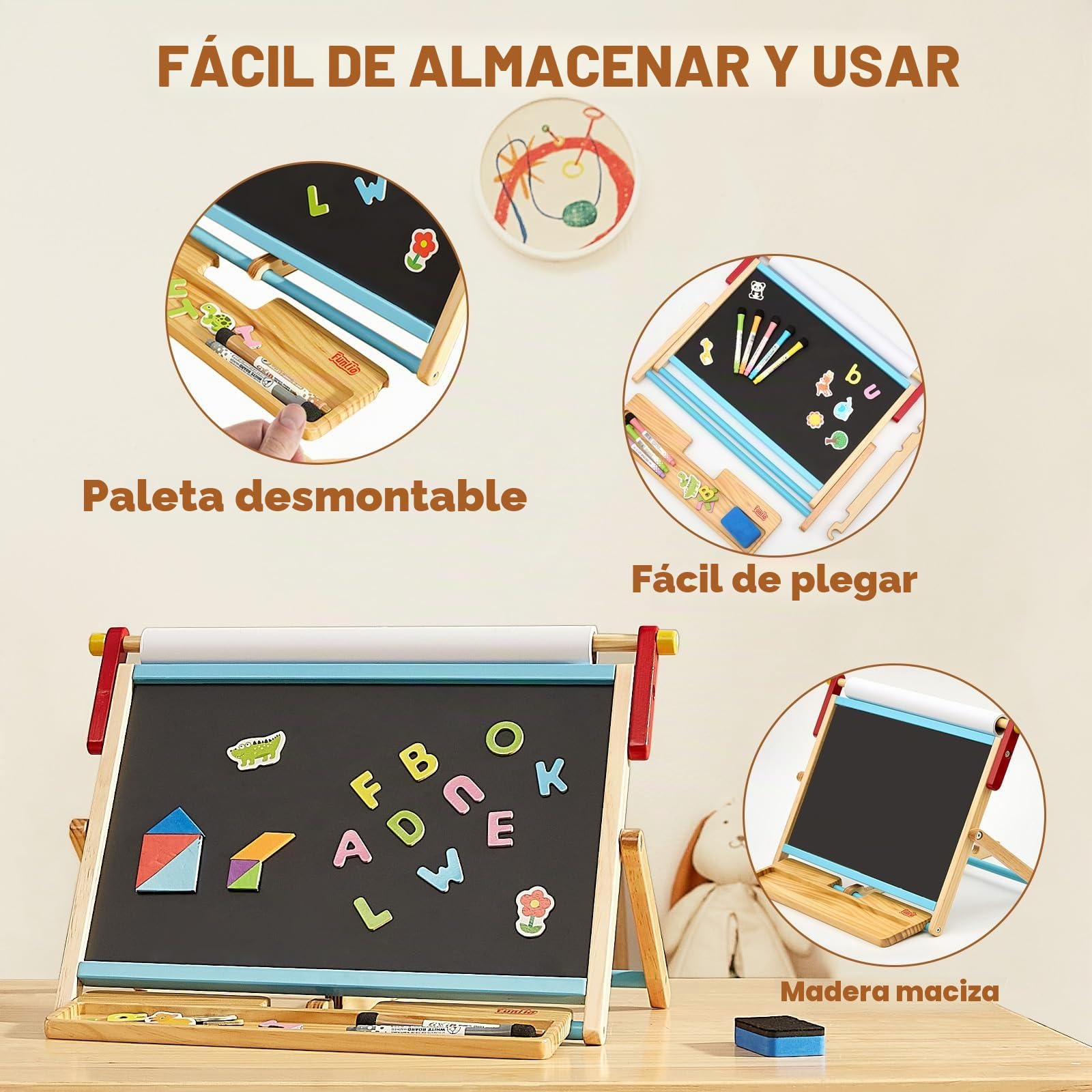 FUNLIO Caballete de Mesa 3-en-1 para Niños 3+ (100+ accesorios), Pizarra Magnética Doble Cara, Pizarra Infantil de Madera con Rollo de Papel, 3 Ángulos Ajustables, Plegable - Azul