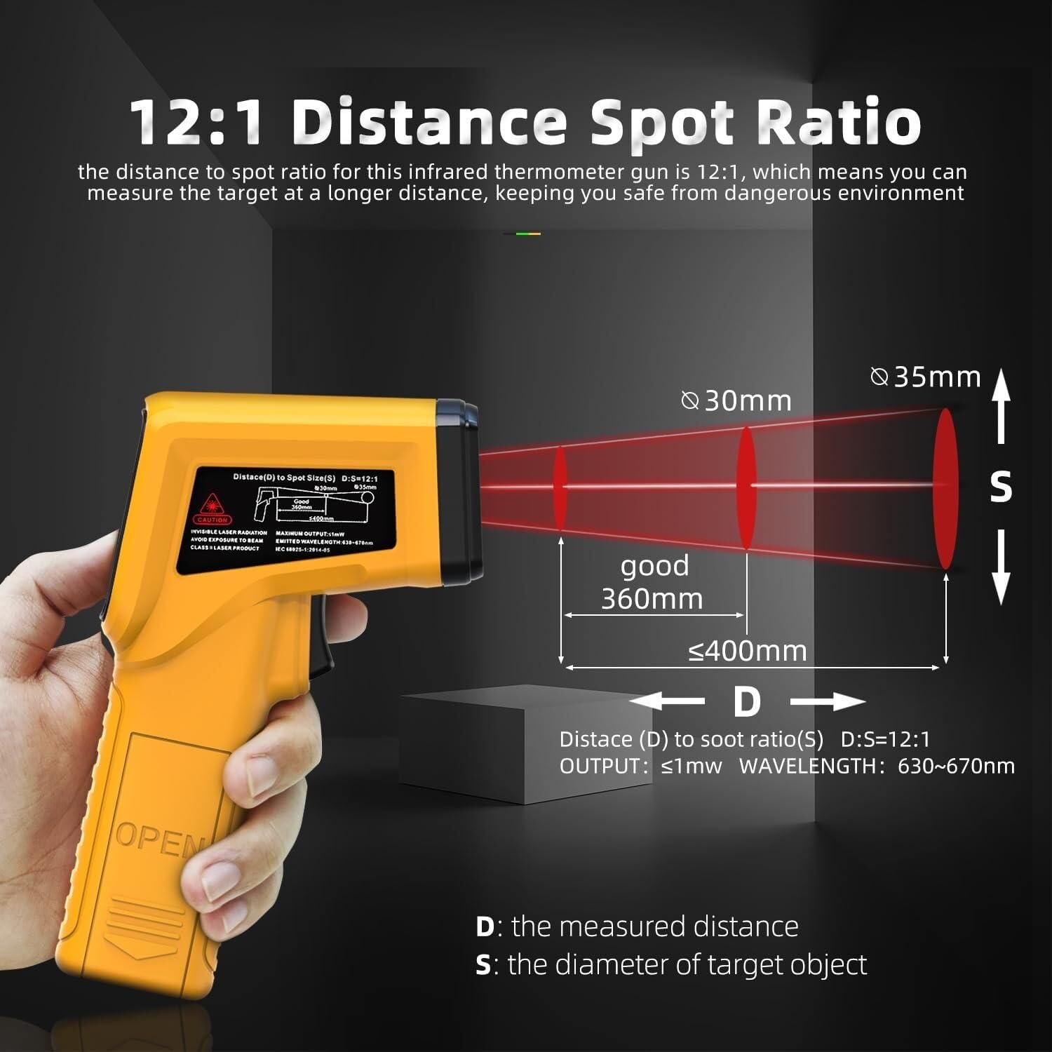 Cyfrowy termometr na podczerwień H2-58℉~986℉(-50℃~530℃) 12:1 Bezkontaktowy pistolet termiczny laserowy z regulowaną emisyjnością do pieczenia w piecu do pizzy w samochodzie