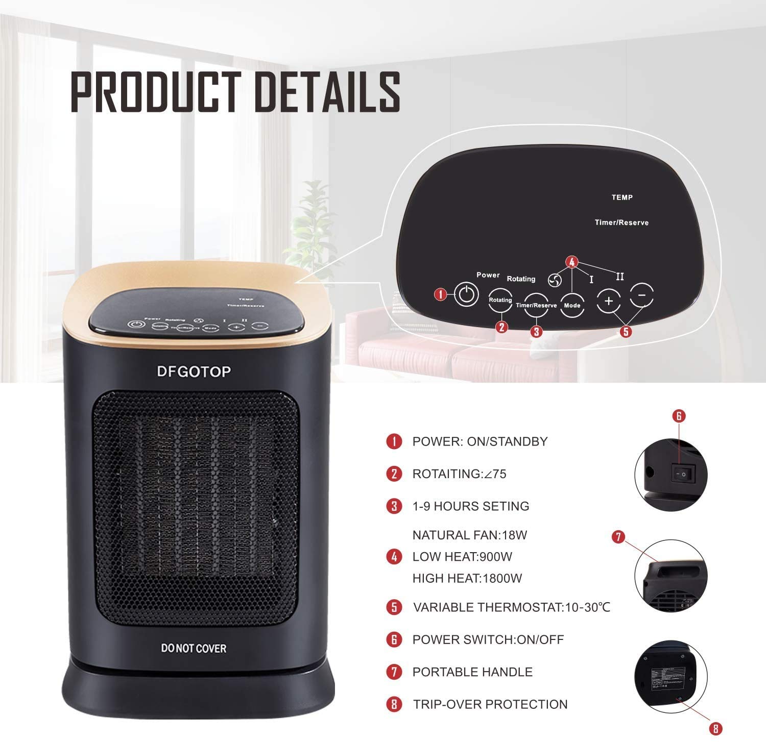 DFGOTOP 1800W/ 900W Portable Electric Fan Heater with 2 Heat Settings