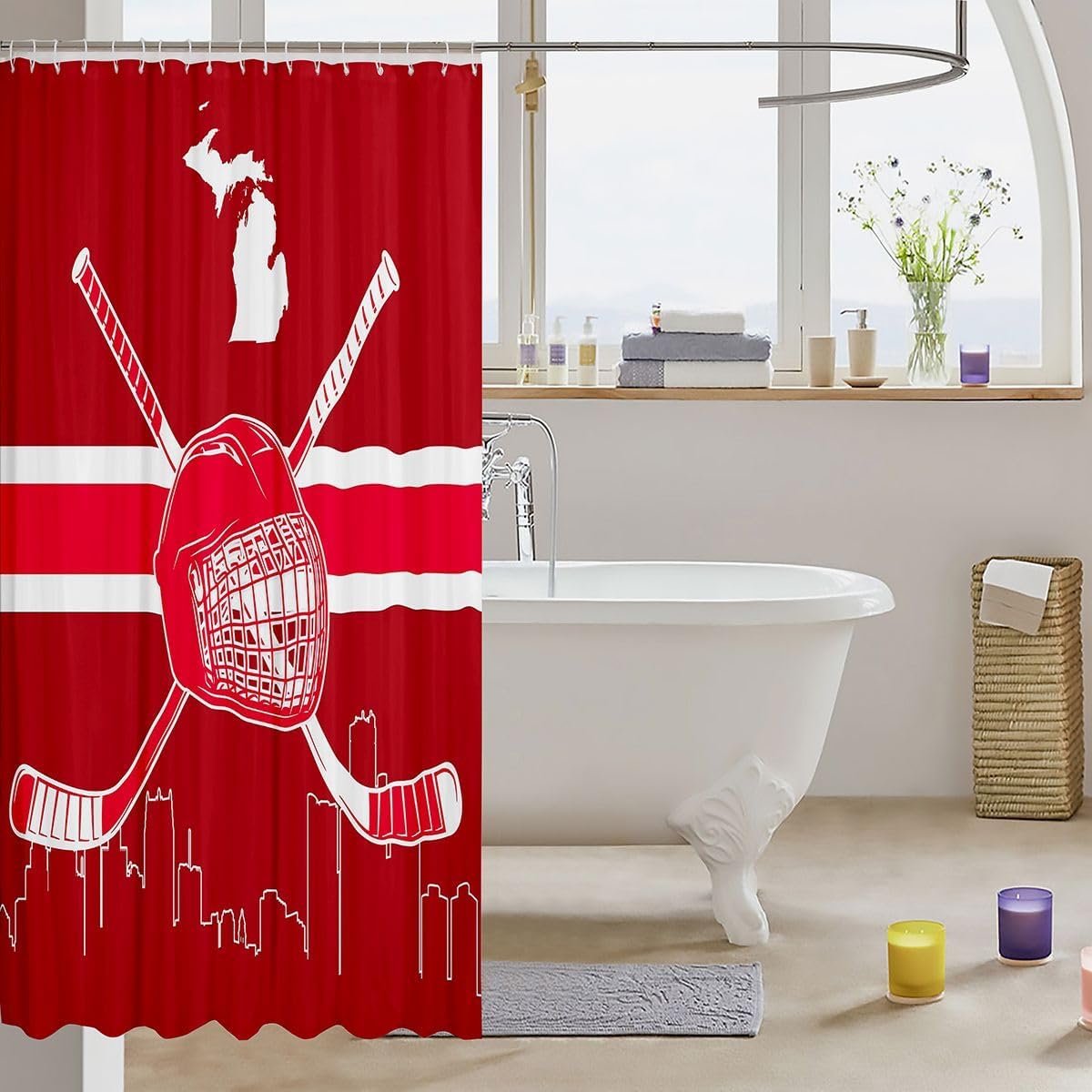 Erosebridal Boys Sports Shower Curtain,Ice Hockey Helmet Bathroom Shower Curtain 78x72 inch,Ball Game Fabric Shower Curtain,Hockey Waterproof Bathroom Curtain for Bathtub(Detroit),Red White
