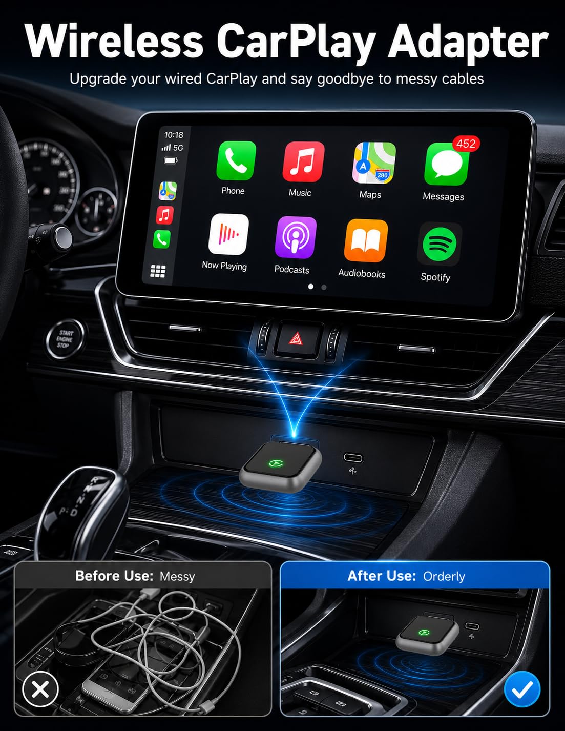 BOZIZI Adattatore Wireless CarPlay USB per iPhone, Bluetooth 5.3 e Wi-Fi 6, connessione automatica e zero-delay, adattatore wireless Android per sistemi Android e iOS (grigio chiaro)