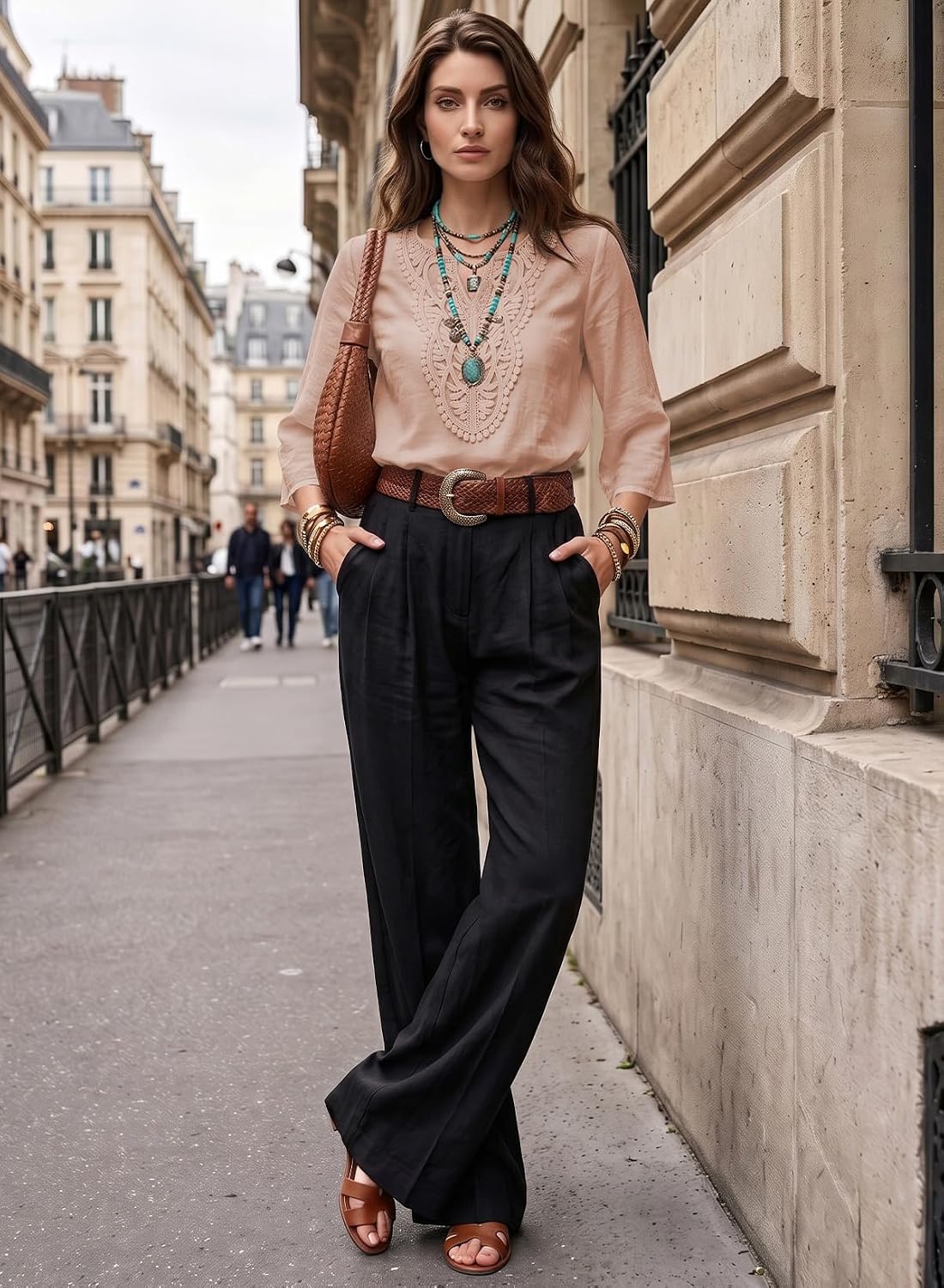 EVALESS Boho Tops for Women V Neck 3/4 Sleeve Embroidered Lace Shirts image 4