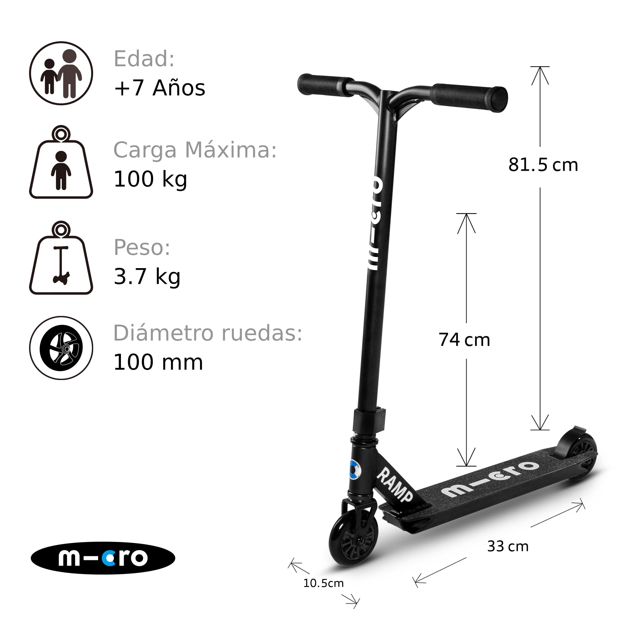 Scooter Freestyle Micro MX Ramp – Para Skatepark Con Barra T De Acero, Deck De Aluminio 10.5x33 Cm Y Ruedas 100 Mm (3.7 Kg)