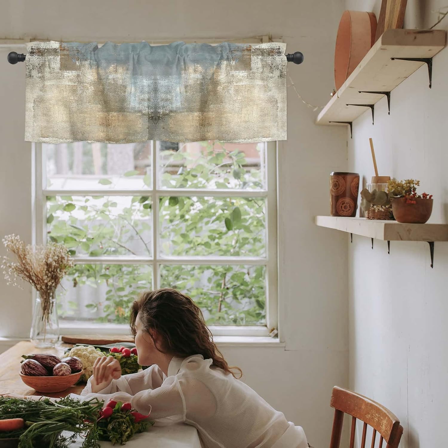 2 Pack Retro Beige Window Valances, Abstract Art Valances for Windows Treatment Decor, Farmhouse Rod Pocket Privacy Decorative Curtain Valance for Bathroom Bedroom Living Room, 54 X 18 in, 2 Panel - Image 6