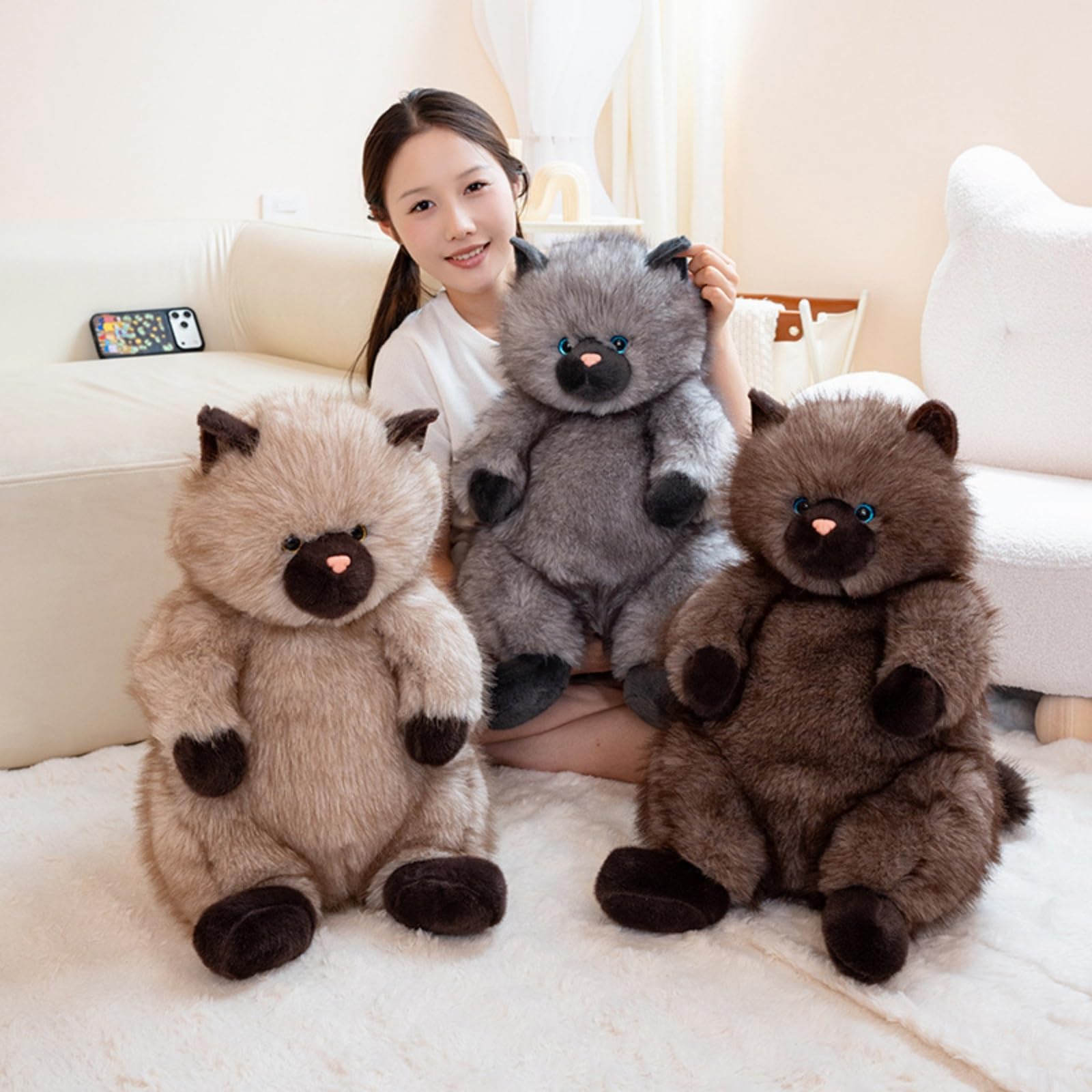 Langhaar Siam Katze Plüschtier, Weiches Flauschiges Katzen Kuscheltier, 28/40/50 cm Stofftier Schlafkissen, Geschenk für Mädchen Kinder & Erwachsene (50cm,HUI)