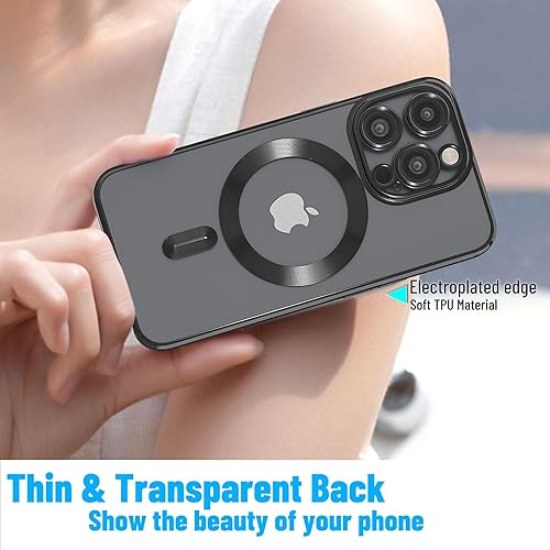Miniatura 2 de Funda magnética para iPhone 15 Pro Max, funda protectora delgada con borde galvanizado, parte trasera transparente, protección para cámara,