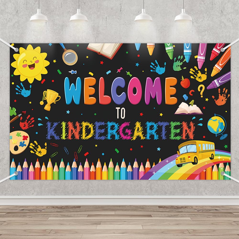 MEHOFOND Welcome to Kindergarten Banner Back to School Kids Classroom Party Decorations Chalkboard Colorful Pens First Day in Preschool Photography