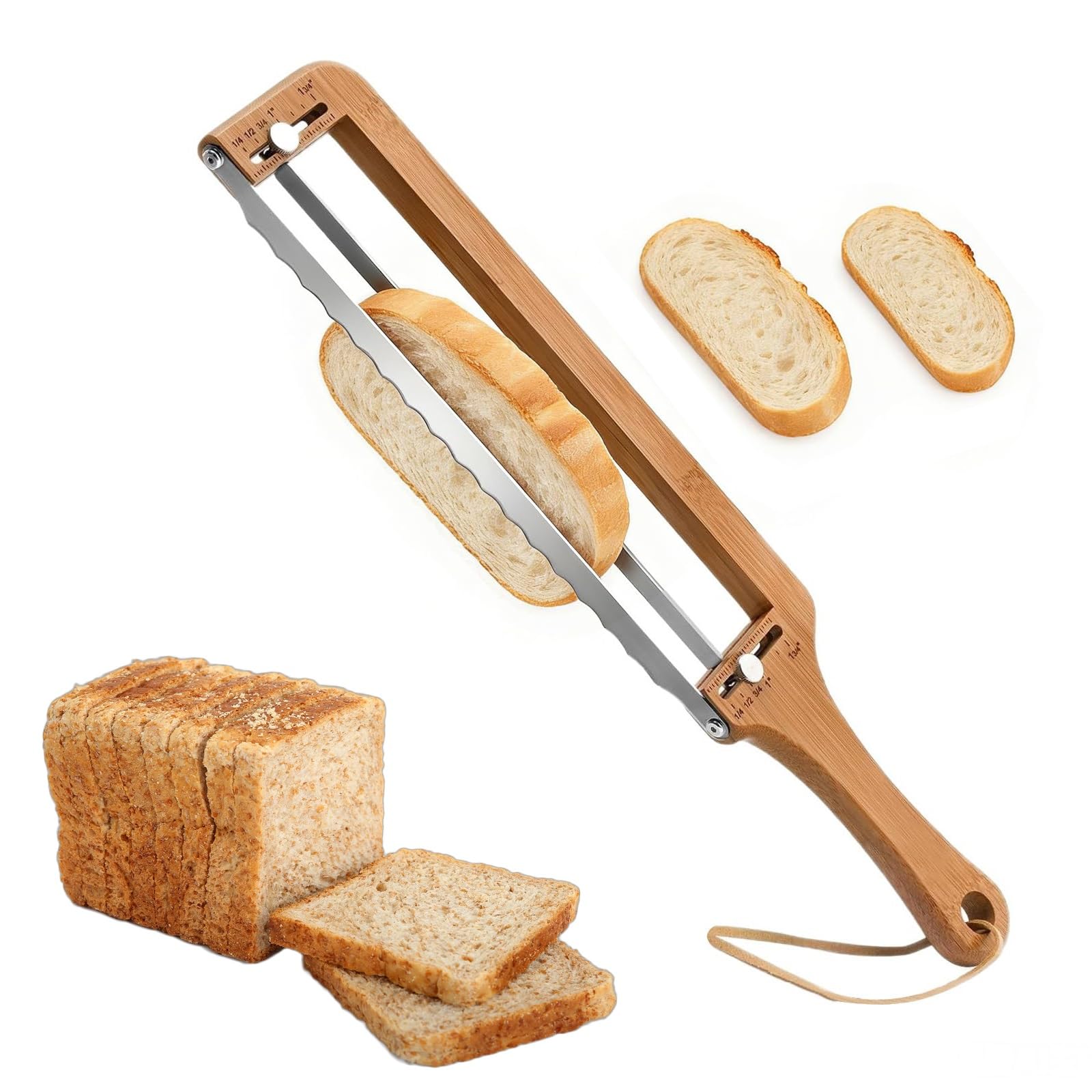 Cuchillo de pan ajustable, cortador manual con guía de grosor para pan casero, masa madre, bagels y baguettes – ideal para corte de precisión