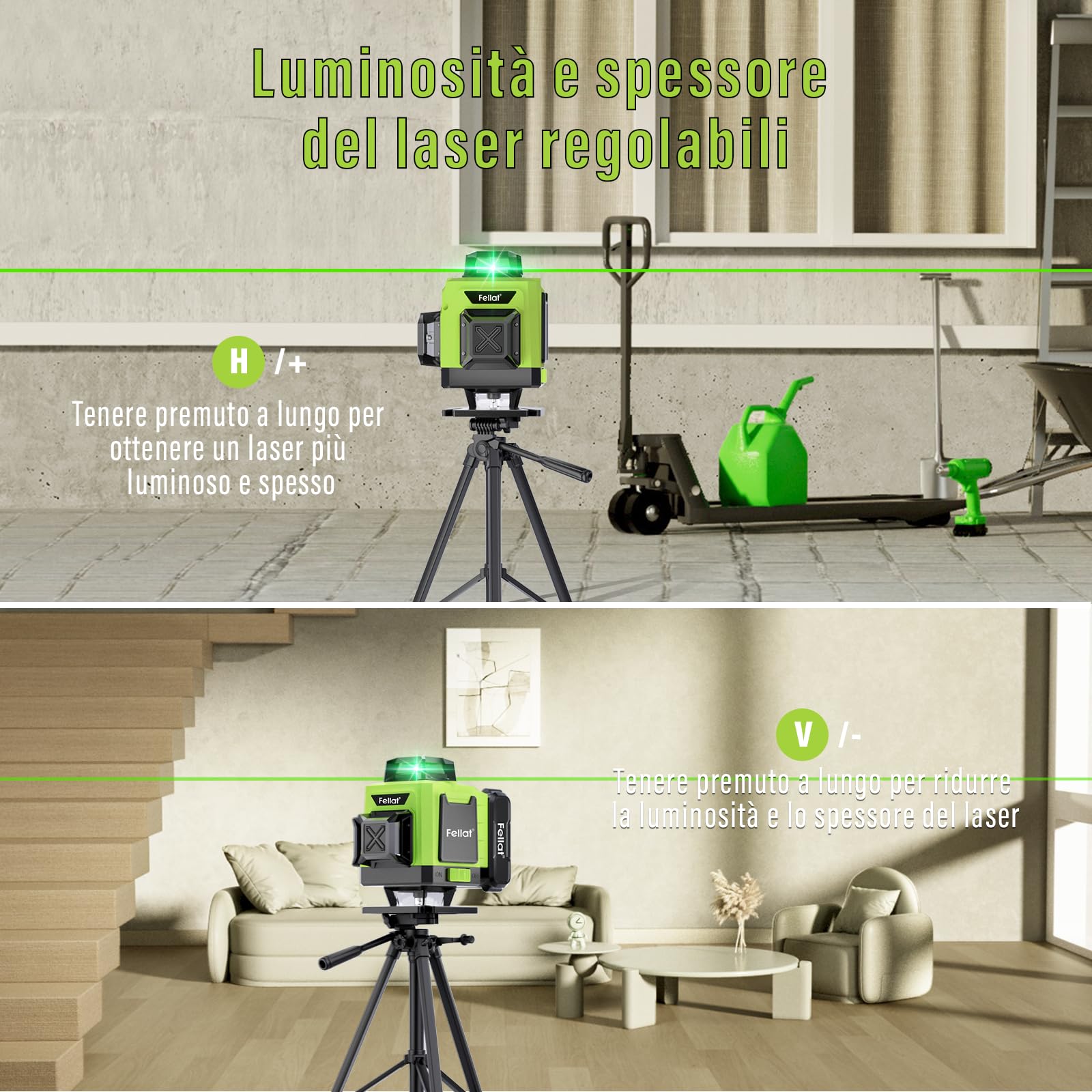 Livella Laser, FELLAT 4x360° Livello Laser Verde Autolivellante con 2 Batterie Ricaricabili da 4800 mAh, Telecomando, Base di Sollevamento, Supporto Magnetico Rotante