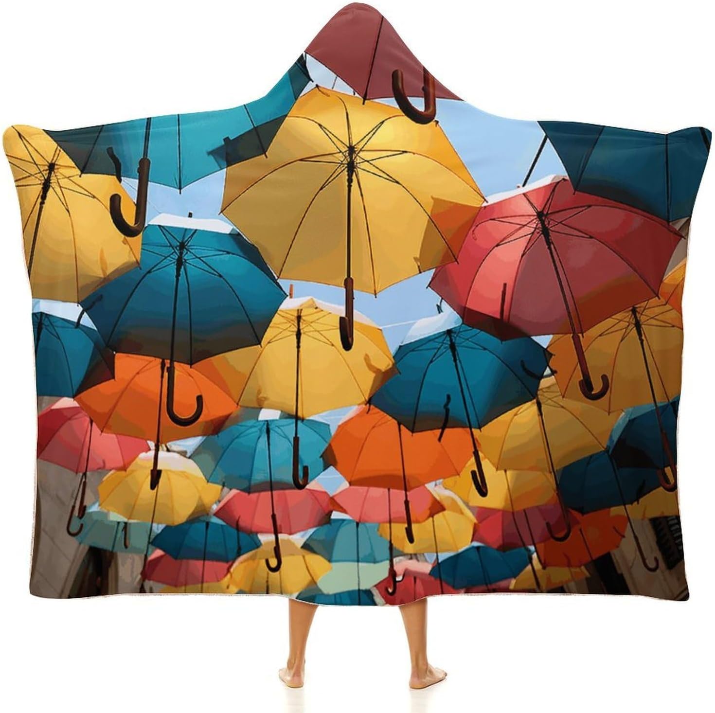 Colored Umbrellas Wearable Hooded Blanket, Ultra Soft Arctic Velvet Cape Cloak Unisex - Cozy Wearable Blanket