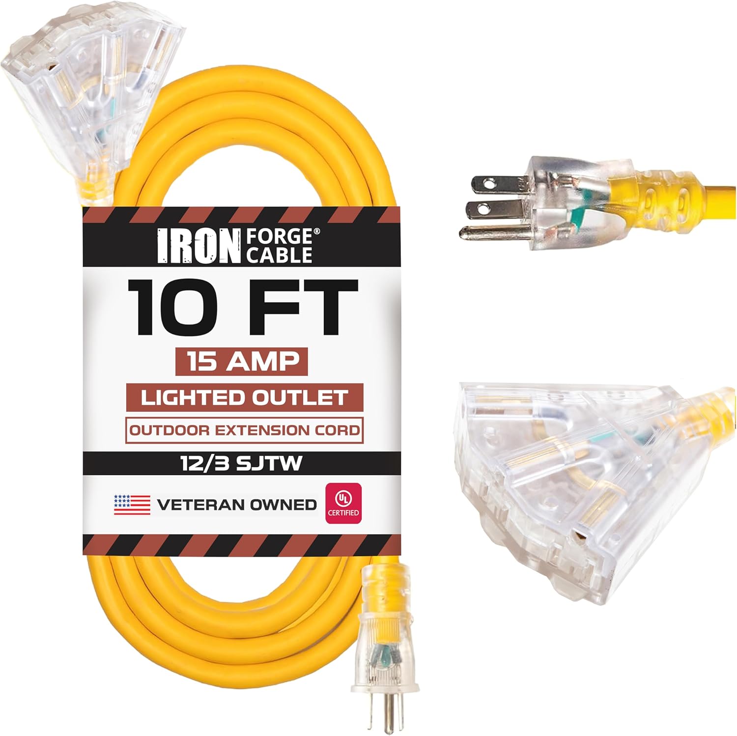IRON FORGE CABLE 10 Ft Lighted Outdoor Extension Cord 3 Outlet - 12/3 SJTW 15AMP Weatherproof Yellow & 3 Ft Lighted Outdoor GFCI Extension Cord 3 Electrical Power - 12/3 SJTW Heavy Duty Yellow Pigtail