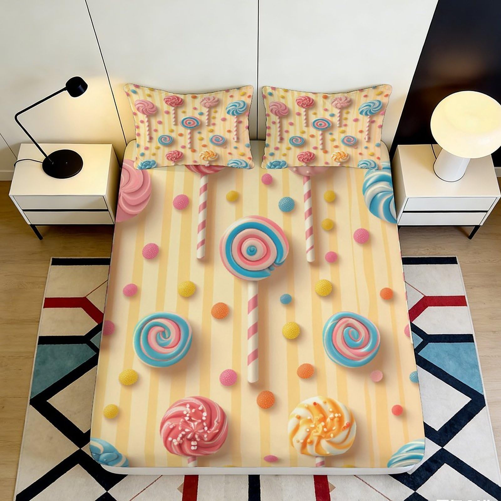 3D Printed Candy Lollipop Fitted Sheet Microfiber Pastel Sweet Dessert Bed Cover Anti-Slip for Bedroom Guest Room Decor 90x200x25cm