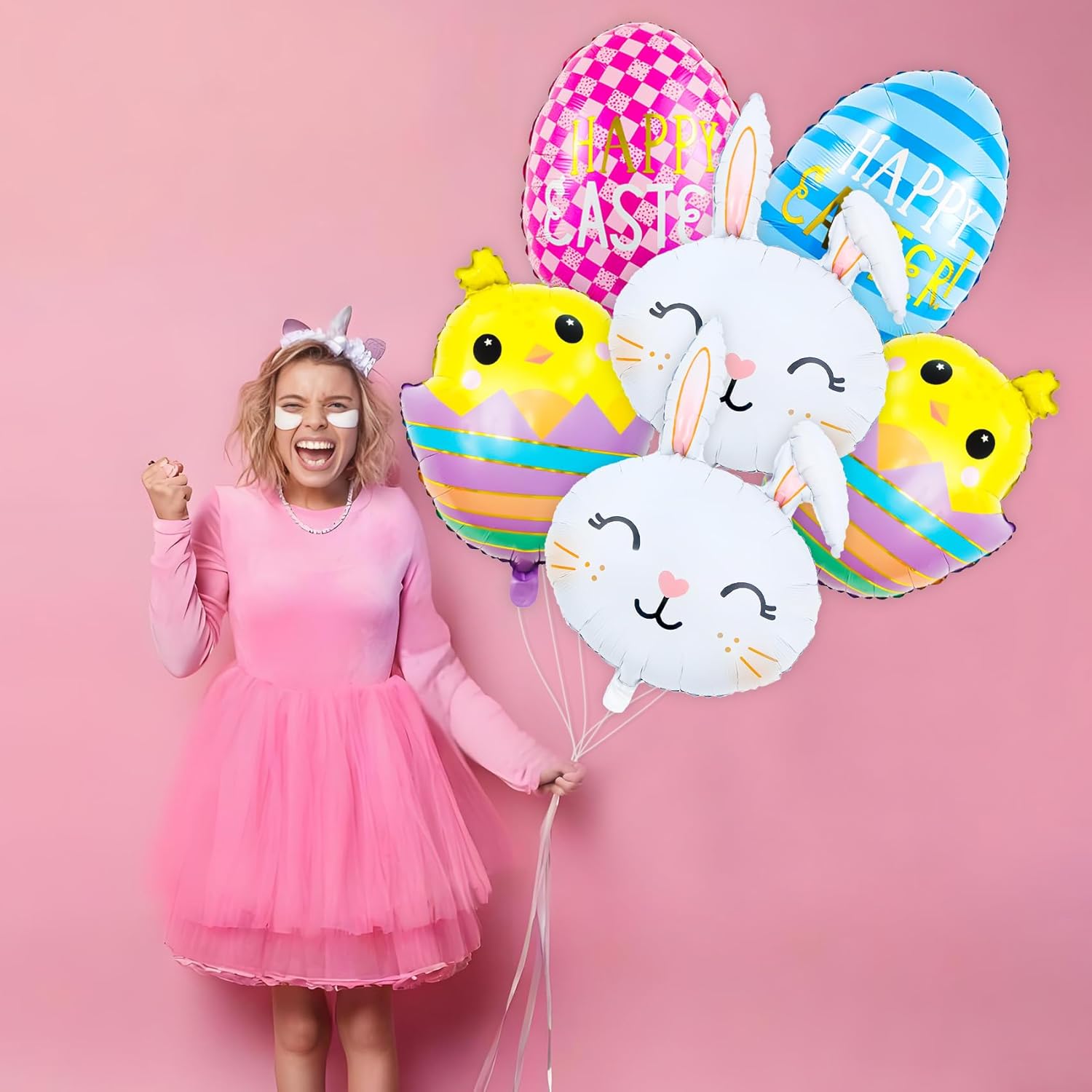 6PCS Easter-Bunny Balloons Rabbit Head Foil Balloons Easter Eggs Easter Mylar Bunny Birthday Party Supplies Decorations