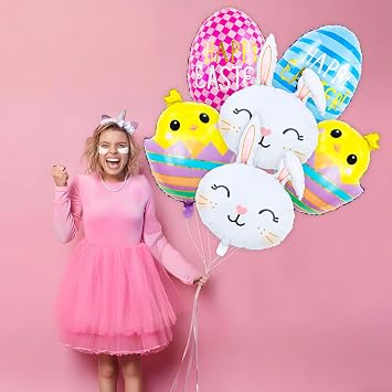 6PCS Easter-Bunny Balloons Rabbit Head Foil Balloons Easter Eggs Easter Mylar Bunny Birthday Party Supplies Decorations