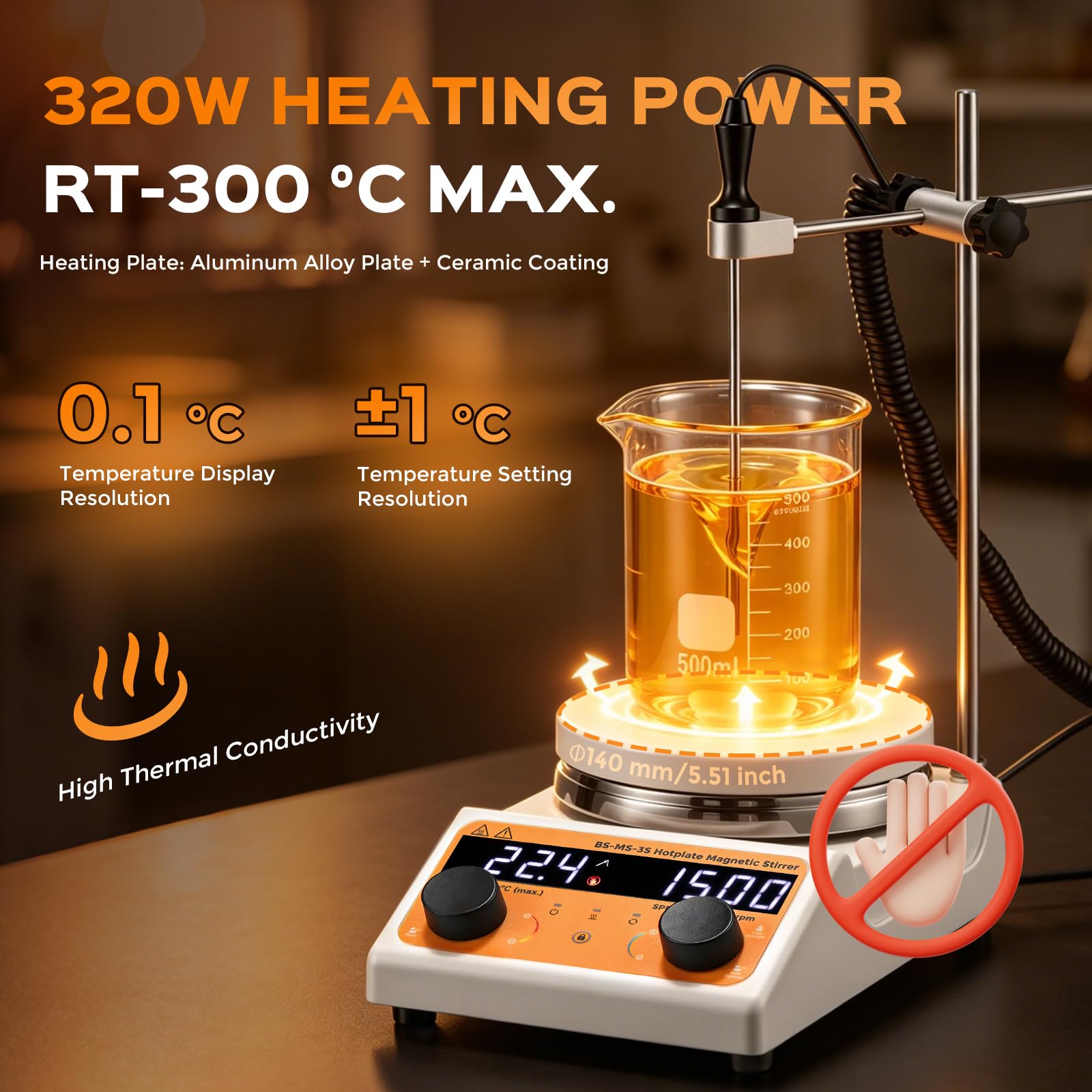 Bonvoisin Agitador Magnético con Placa Calefactora, 3L, 100-1500 rpm, 320W | Placa de 140 mm, Motor Sin Escobillas, Inversión Automática, Temporizador 0-99h59, LED, Silencioso, Incluye 2 Agitadores