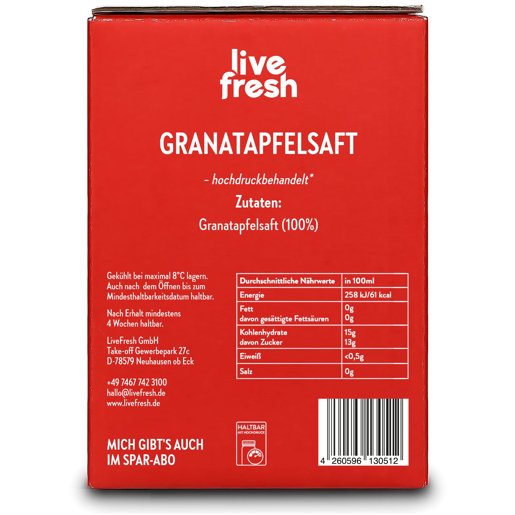 LiveFresh Granatapfelsaft Kaltgepresst¹ - 3 Liter – 100% Granatapfel Direktsaft ohne Zusätze – Nicht erhitzt – In Deutschland hergestellt