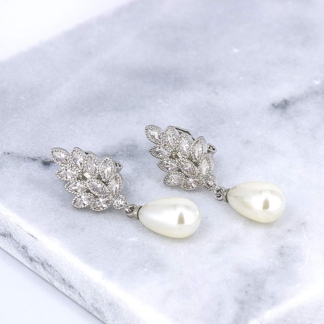 YOQUCOL Leaf-shape Dangle Drop Earring Simulated Pearl Cubic Zirconia Crystal Earring For Women