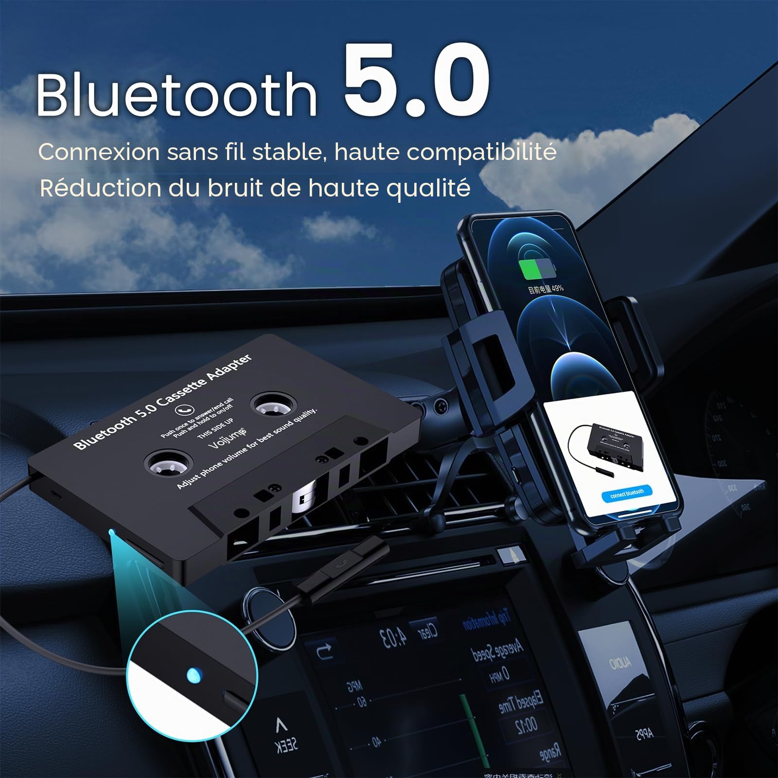 Adaptateur de Lecteur de Cassette Audio de Voiture,Cassette Adaptateur Voiture Adaptateur Bluetooth 5.0, Adapté Aux Téléphones Portables, Lecteurs MP3 et Tablettes