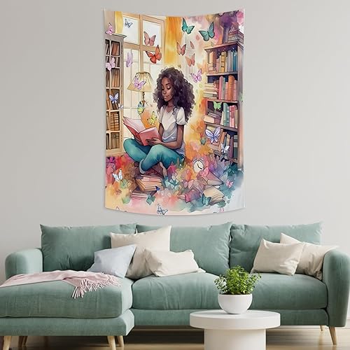 Miniatura 2 de Conank Tapiz de lectura para niñas afroamericanas, lienzo de lectura de libros, decoración estética inspiradora para colgar en la pared para