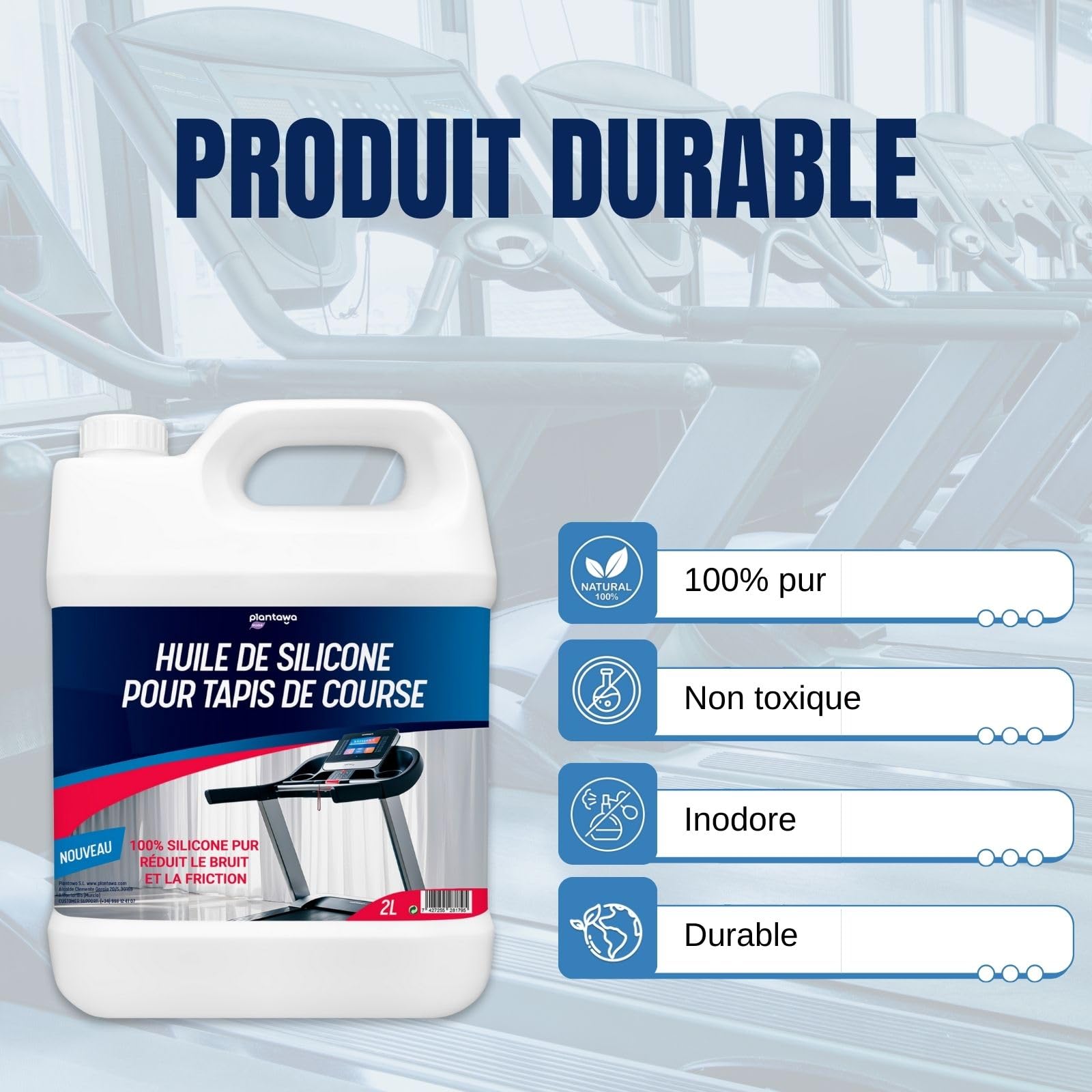 Plantawa Huile de Silicone pour Tapis de Marche 2L | Réduit le bruit et la friction et Maximise la performance. 100% Pure Lubrifiant Silicone. Préserve la durabilité du tapis de course.