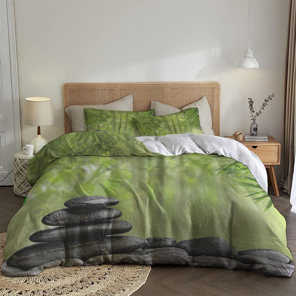 NIBAINLO 布団カバー禅石と竹の植物 肌に優しい ピーチスキン加工 掛け布団カバー 和式 洋式 あったか 布団カバーセット リバーシブル ホームステイ ホテル 家庭兼用