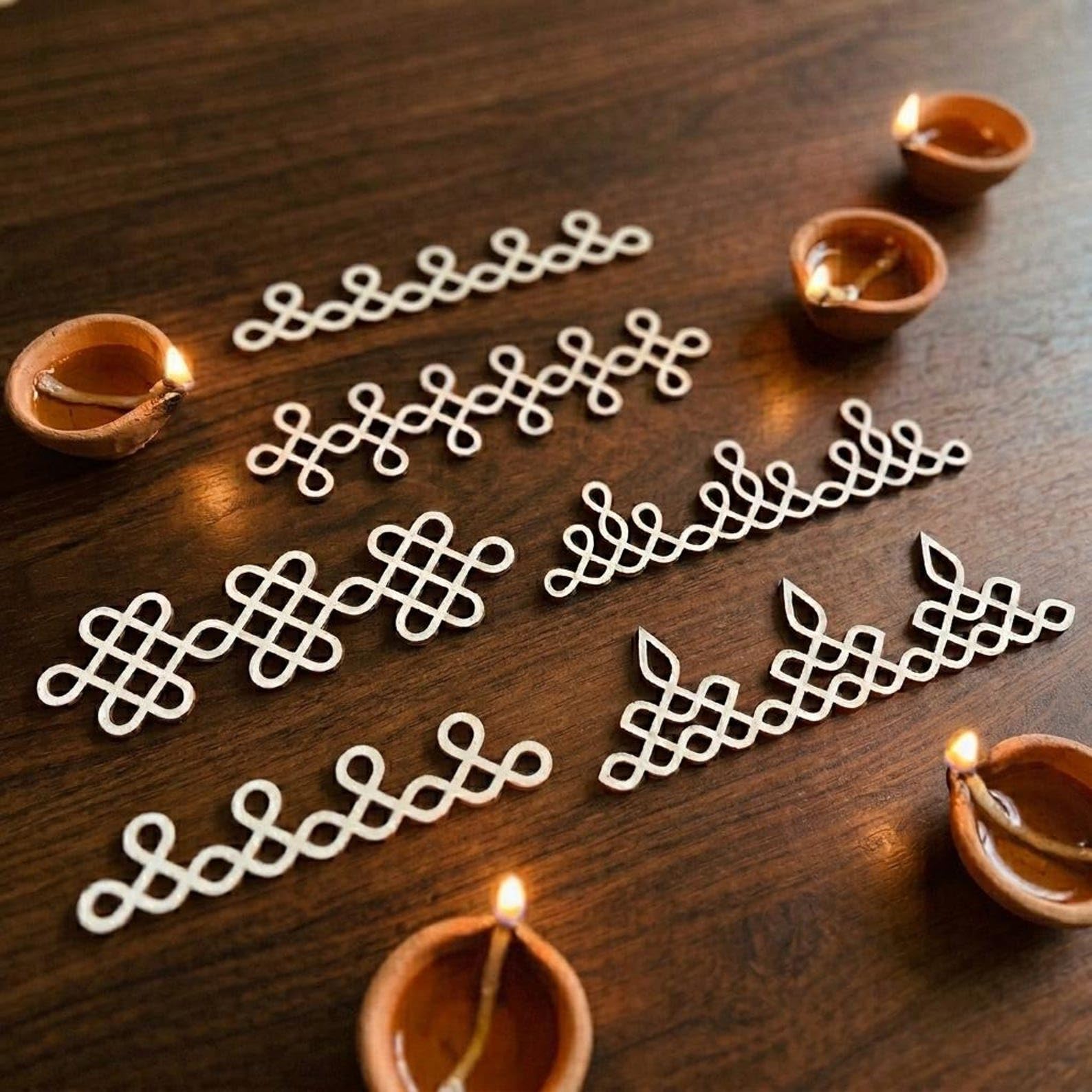 Pack of 6 Wooden Muggu Border Cutouts, Rangoli Borders for Housewarming, Diwali Decorations Itmas Shivarathri, Ugadi, VaraLakshmi Pooja - 10 Inch, Curious Button-picture-31