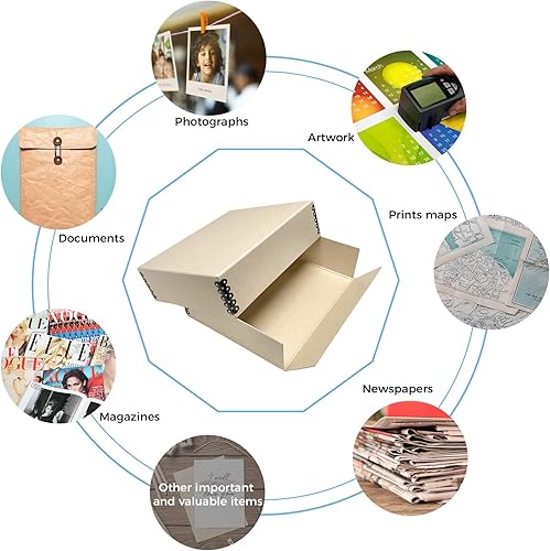 Vista 167 de Lineco, Caja de almacenamiento de archivos de museo de color tostado de 9 x 12 pulgadas, diseño frontal caído. Sin ácidos con borde de metal.