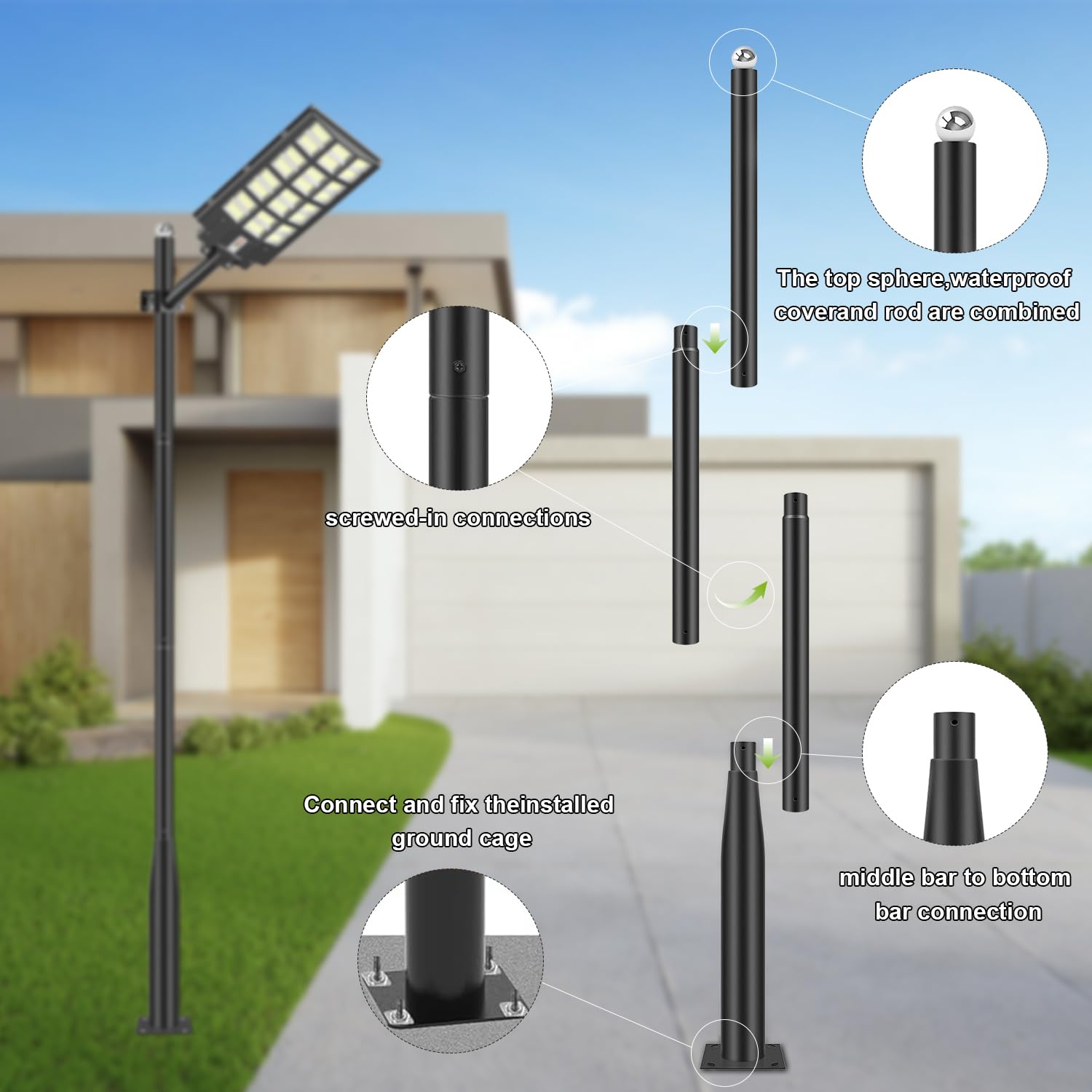 Solarny słup oświetleniowy 4 m, odporny na warunki atmosferyczne, ze stalowymi kotwami, na patio, podwórko, parking, podjazd i ścieżki, 4 m
