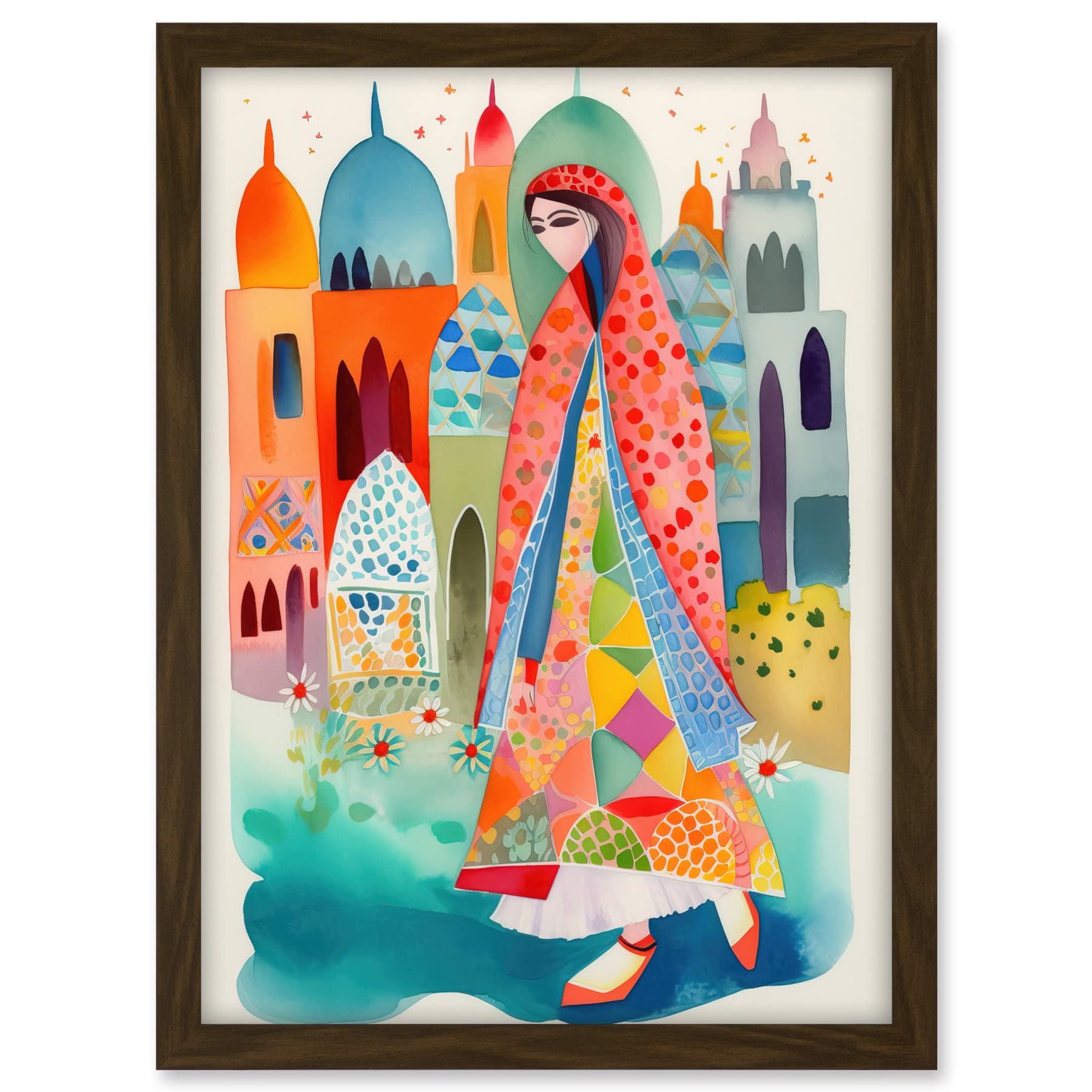 Artery8 Hijab Muslim Woman with Buildings Folk Art Artwork Framed A3 Wall Art Print