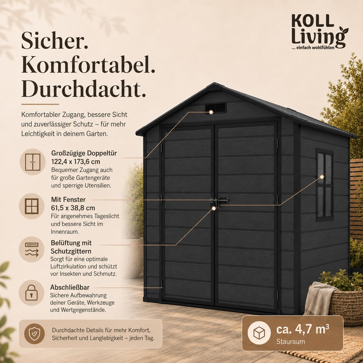 Koll Living Gartenhaus Norvik | 181 x 135 x 210 cm, 2 m² Grundfläche | Schwarz | mit Doppeltür, Fenster und Belüftungsystem | abschließbar | UV- & witterungesbeständig
