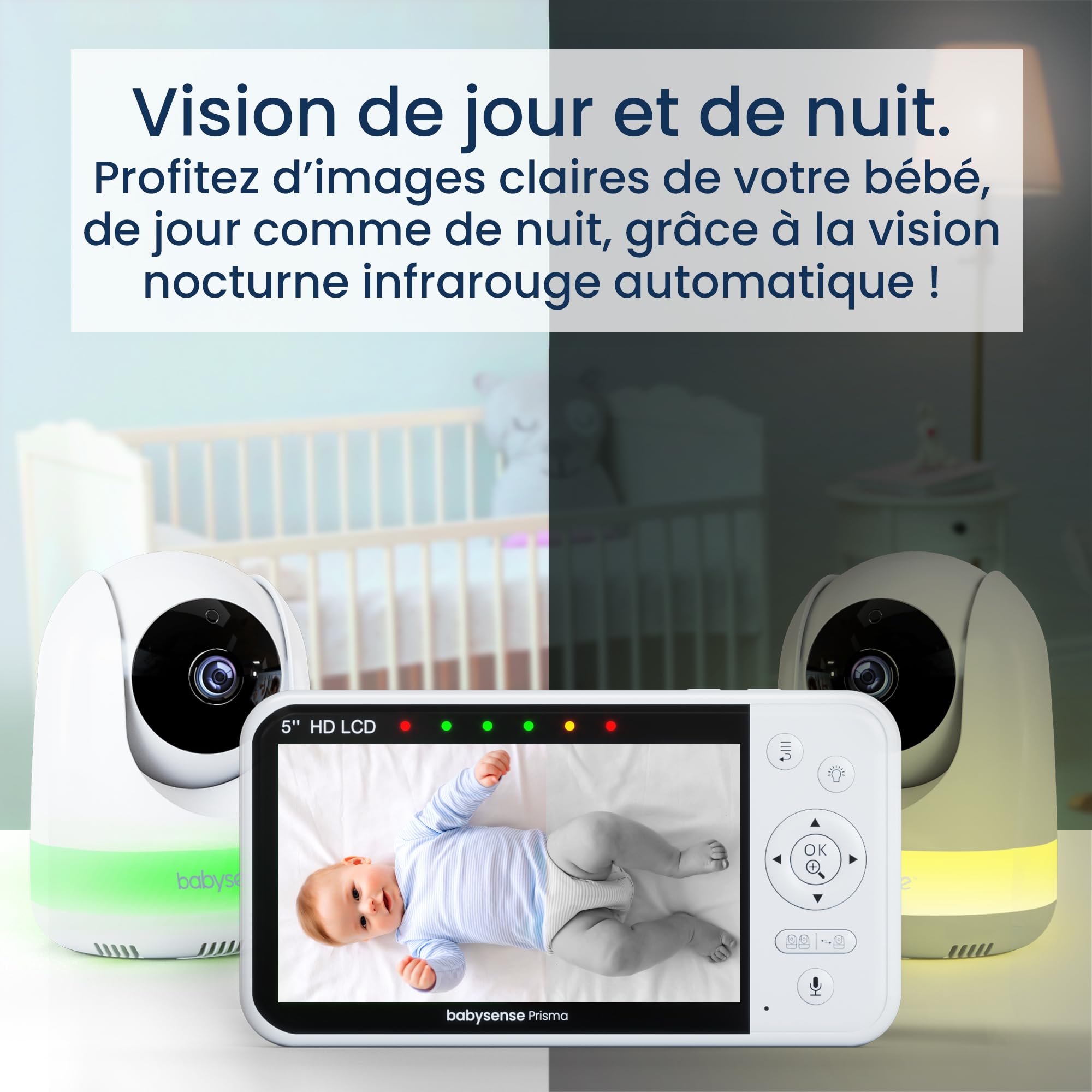 Babysense Prisma Babyphone avec Caméra et Audio, Babyphone Vidéo HD 5", Veilleuse 6 Couleurs, Écran Divisé, Machine à Son pour Bébé avec Bruit Blanc et Berceuses, sans WiFi