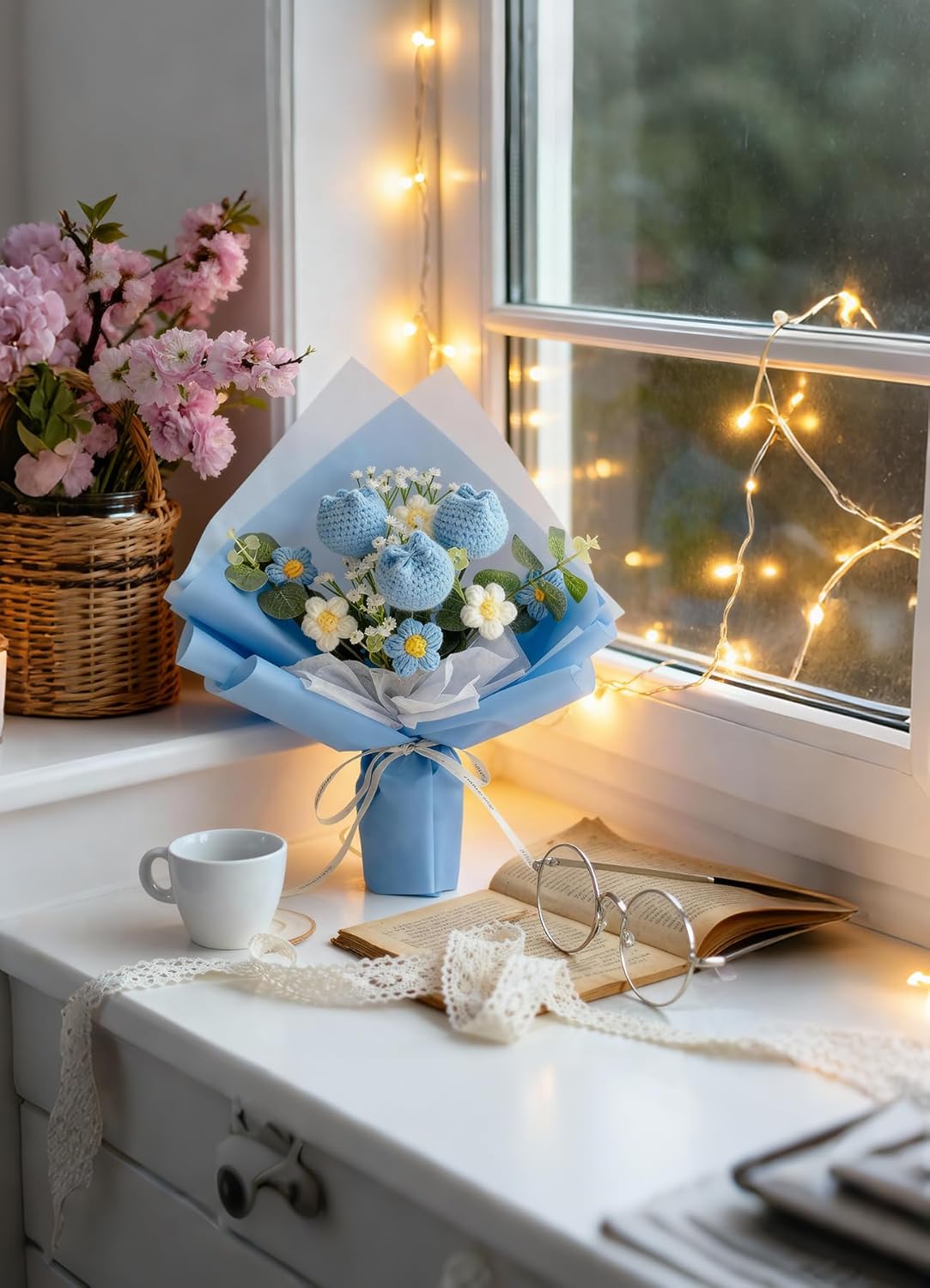 Crochet Flower Bouquet Handmade Knitted Sunflower Tulip Rose Daisy for Birthday Wedding Anniversary Graduation
