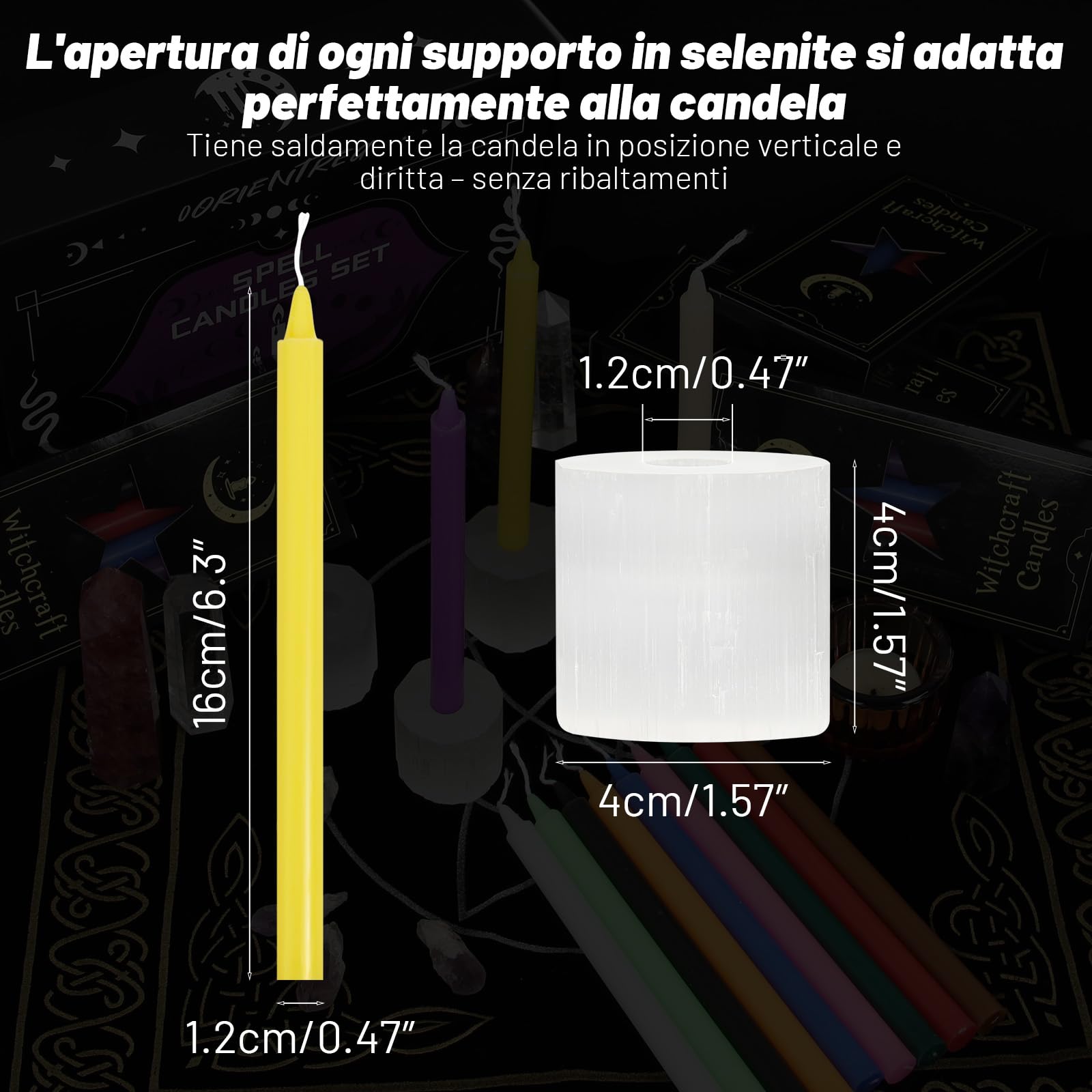 Set di 48 candele magiche con 4 portacandele in selenite su misura – candele colorate per stregoneria, rituali, meditazione, altare – Stabilità garantita, combustione sicura