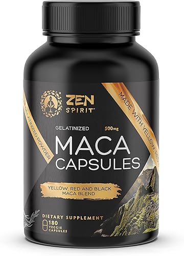 Zen Spirit Cápsulas de raíz de maca gelatinizadas, mezcla de polvo amarillo, rojo y negro, certificado orgánico y vegano, 180 píldoras de 500 mg,