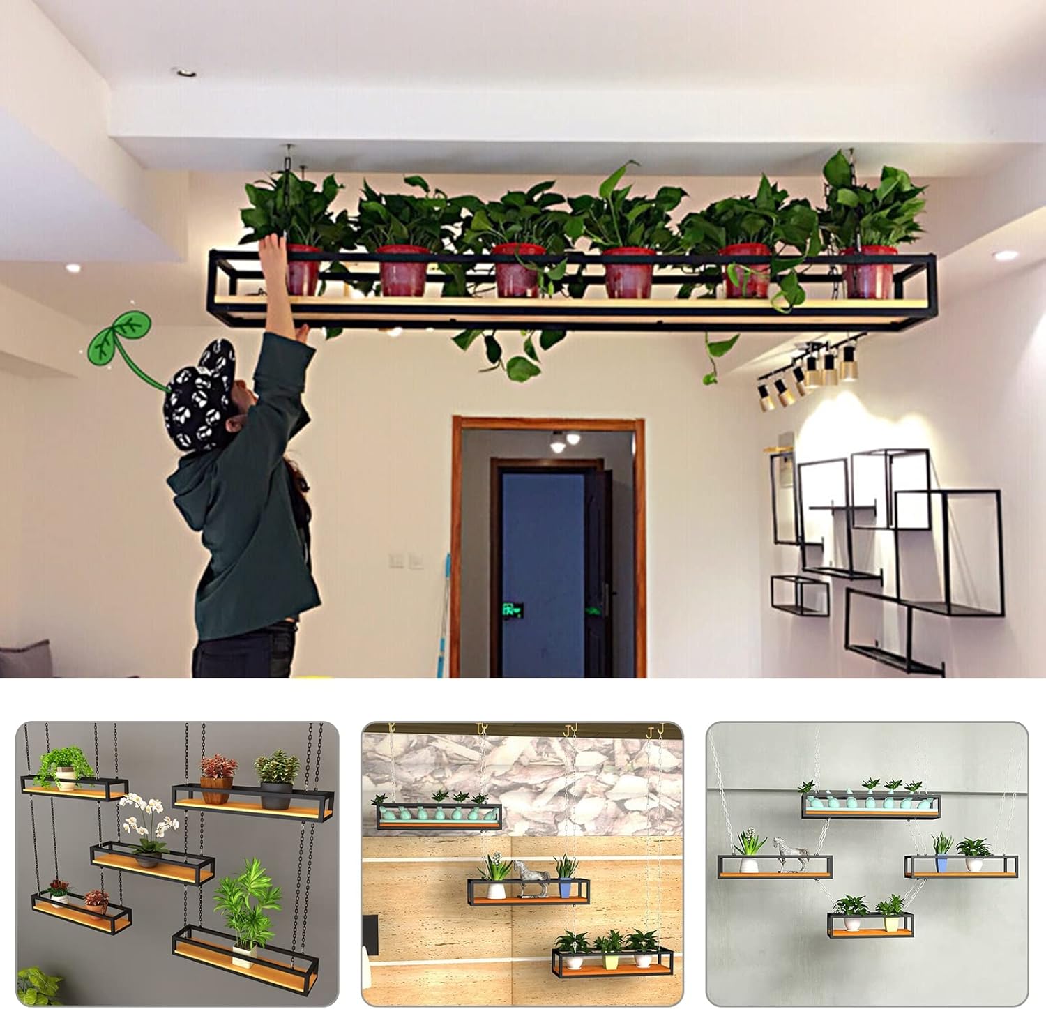 Creative Hanging Flower Pot Rack, Solid Wood & Iron Frame Plant Shelf for Balcony, Bar & Flower Shop, Ceiling Storage Organizer (Size: 100x25x15cm)