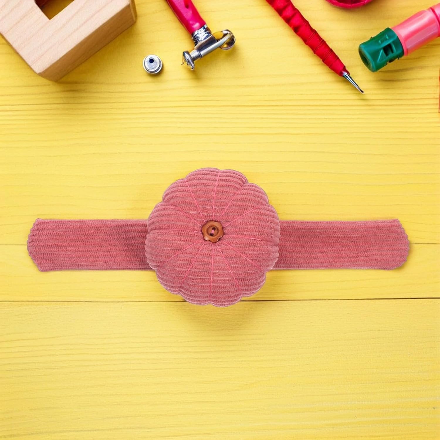 Didiseaon Pumpkin Pincushion Set with Pink Corduroy Wrist Band and Needle Ring Pin Holder for DIY Sewing and Quilting Crafts
