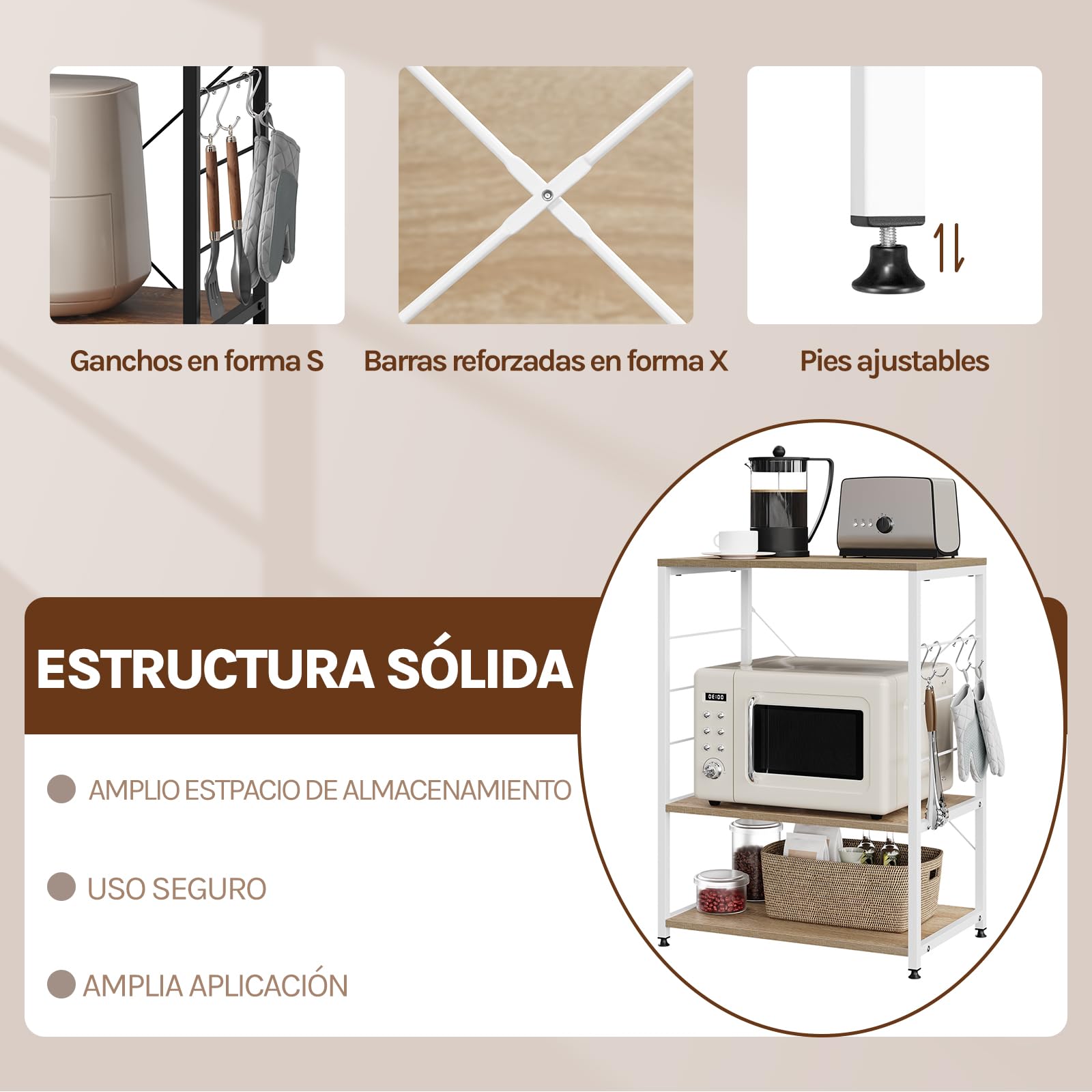 WOLTU Estantería de Cocina de Microondas de Madera y Acero con 3 Estantes 60 x 40 x 82 cm, Blanco + Roble Claro