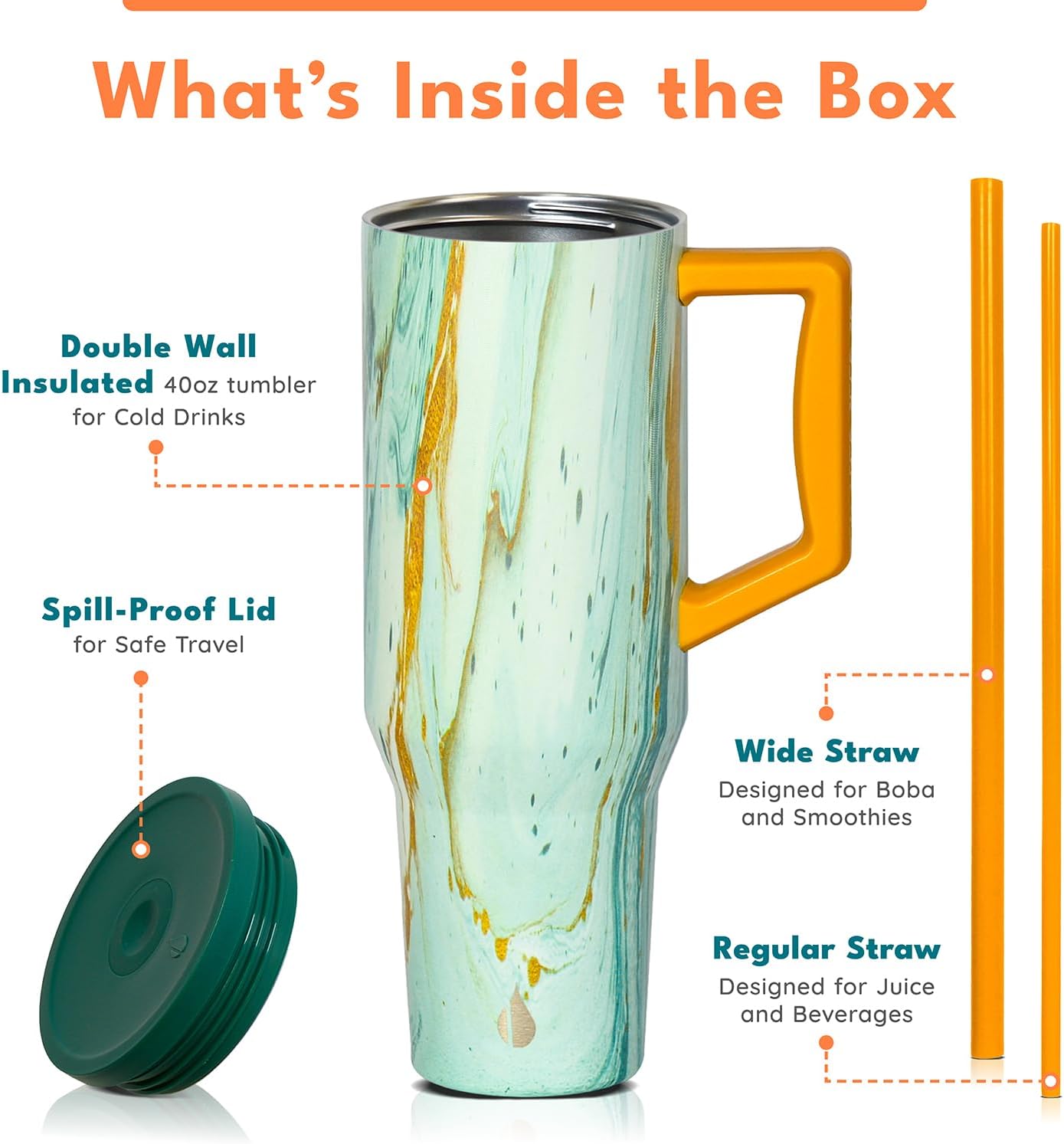 Elemental 40 oz Tumbler with Handle and Straw - Spill Proof Insulated Stainless Steel Commuter for Hot and Cold Beverages - Travel Coffee Mug with 2 Straws & Spill Proof Lid - 40oz - Aurora Glow - Image 3