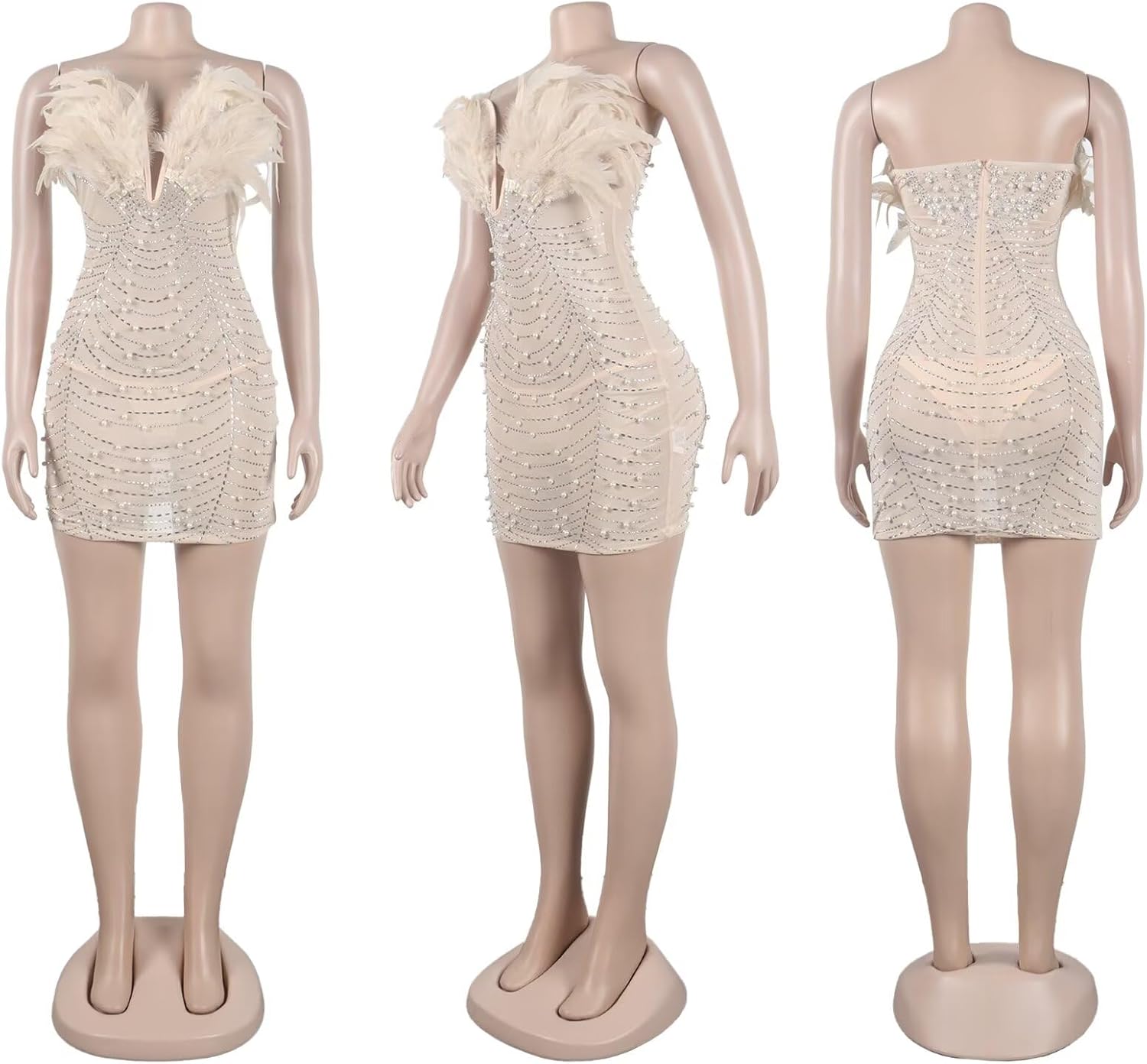 LROSEY Birthday Dresses for Women Sexy See Bodycon Mesh Sheer Strapless Feather Rhinestone Mini Dress Club Party Outfits - Image 7