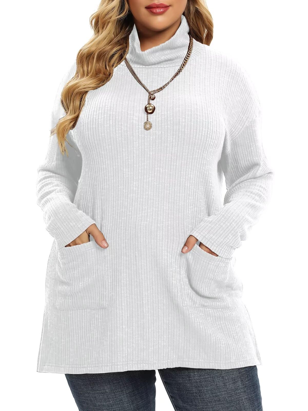 LARACE Plus Size Sweater for Women Womens Pullover Turtleneck Long Sleeve Knit Sweater Shirts with Pockets for Fall